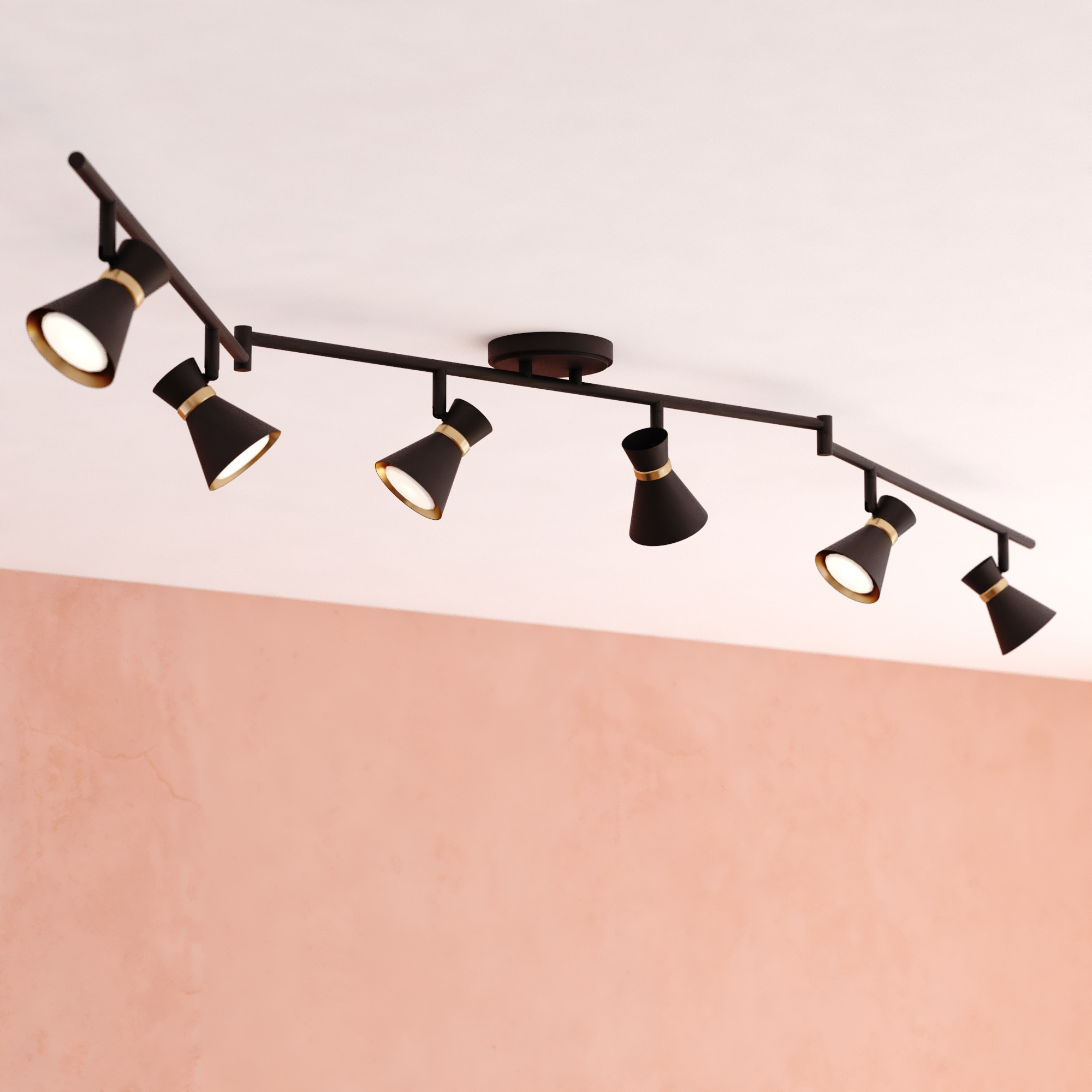 Alto 6 Light LED Matte Black with Gold Satin Brass Accents Mid-Century Modern Swing Arm Directional Ceiling Spot Fixture with Metal Shades