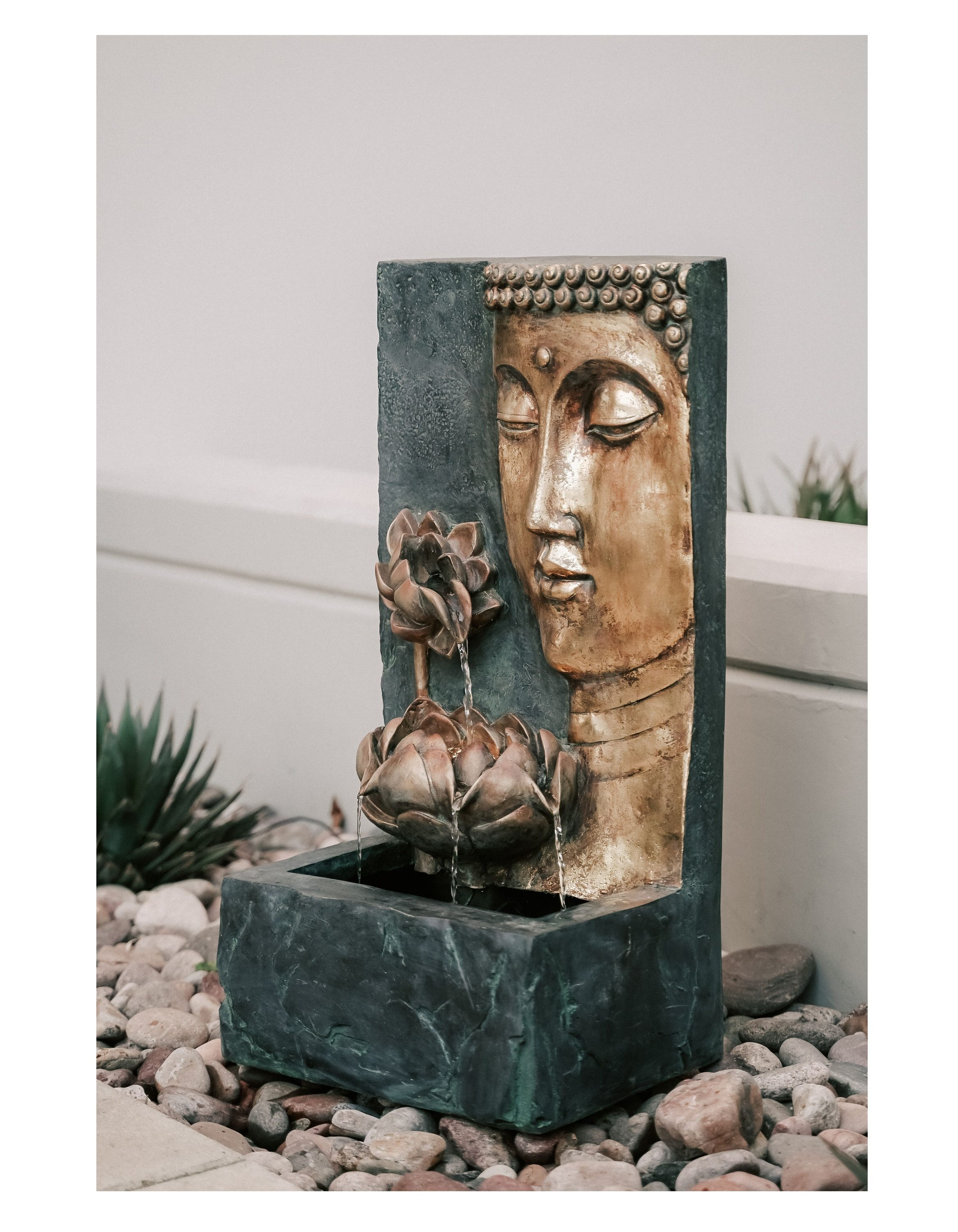 XBrand 30" H Zen Buddha Face Water Fountain w/ LED light & Pump, Indoor/Outdoor Freestanding, Relaxing Zen Décor, Bronze and Natural Grey Polyresin Fountain for Home Patio Garden Backyard