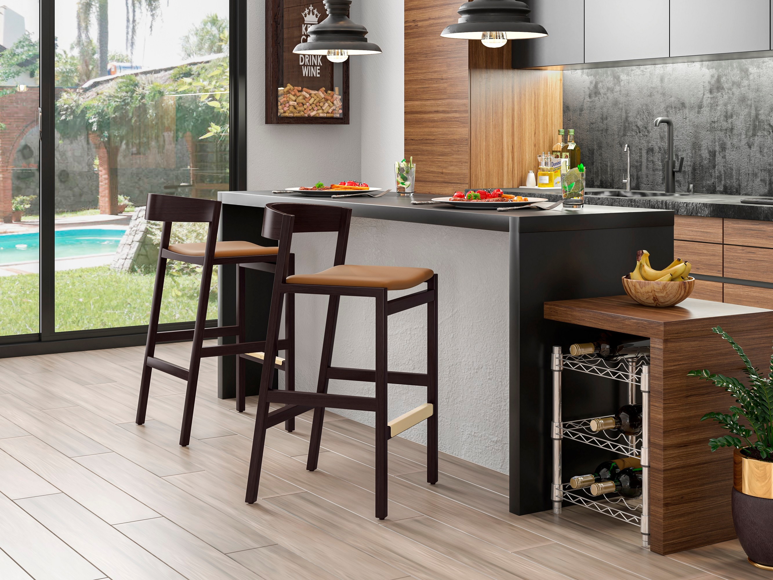 Klismos 36.75 in. Camel and Dark Walnut Beech Wood Counter Height Bar Stool (Set of 2)