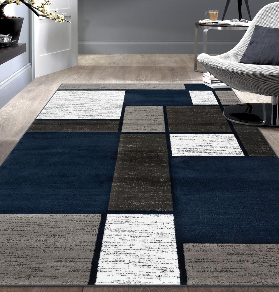 World Rug Gallery  Contemporary Modern Boxed Color Block Area Rug Navy 9' x 12' Geometric, Color Block 9' x 12', 7' x 9' Living Room, Bedroom, Dining