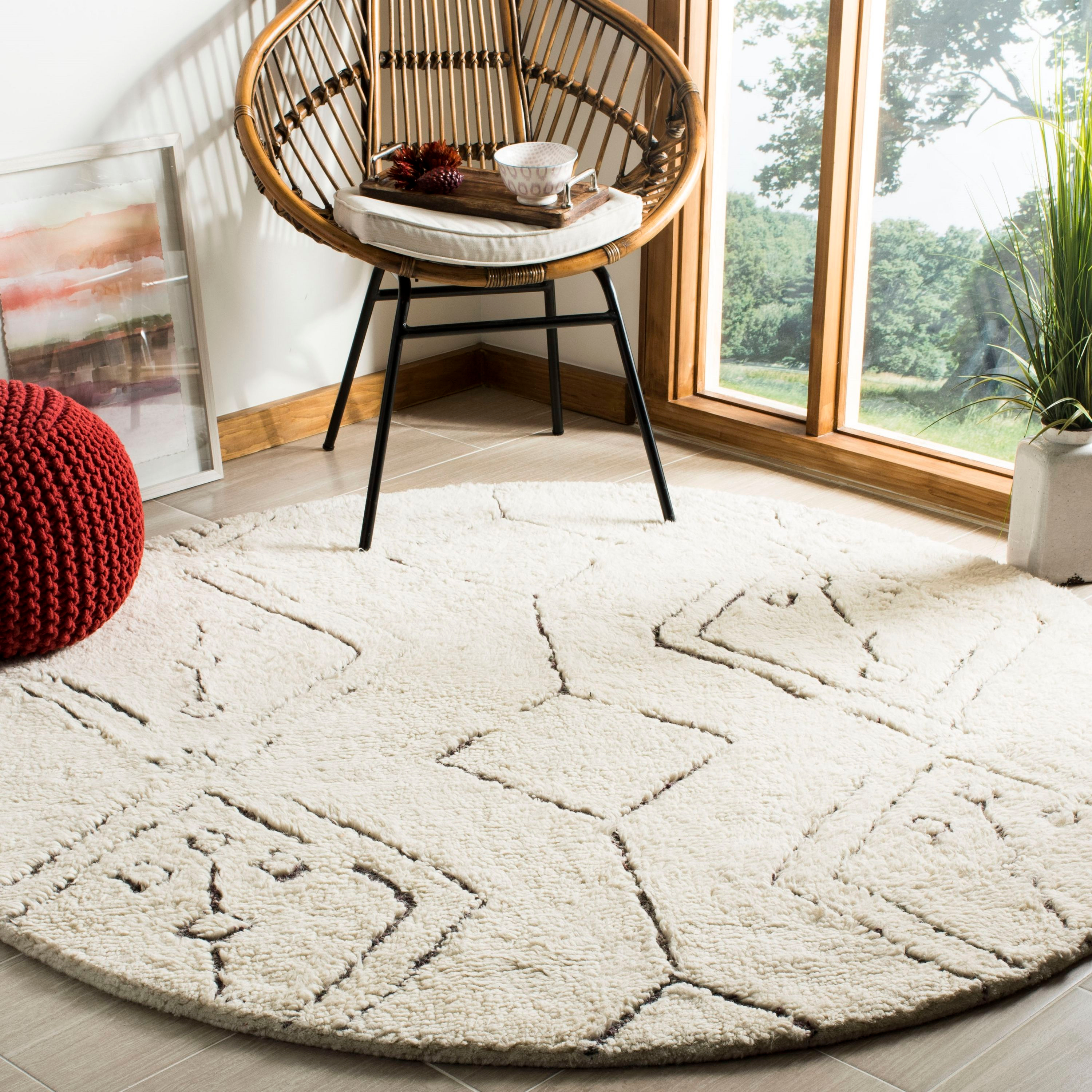SAFAVIEH Casablanca Willow Geometric Shag Area Rug, Ivory/Multi, 6' x 6' Round