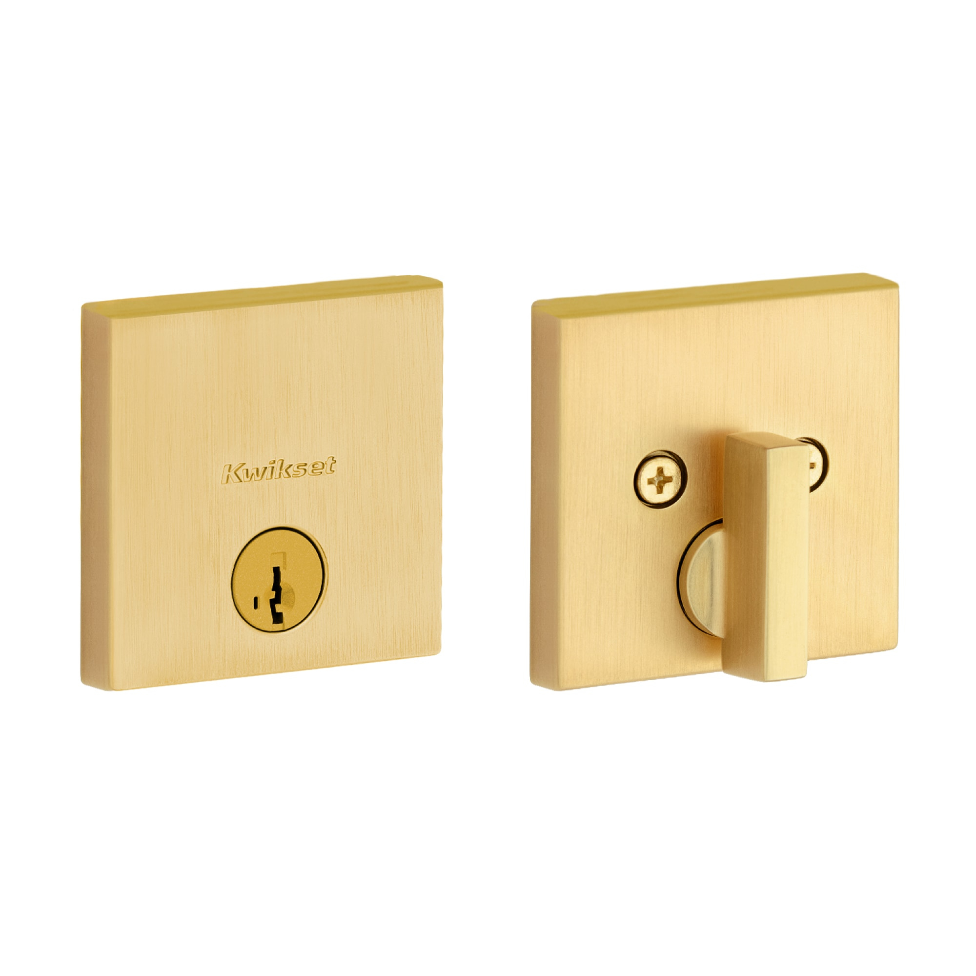 Kwikset Downtown Deadbolt Lock, Satin Brass Square Exterior Keyed Front Entry Door, Pick Resistant SmartKey Rekey Security, Single Cylinder Dead Bolt, with Microban Protection