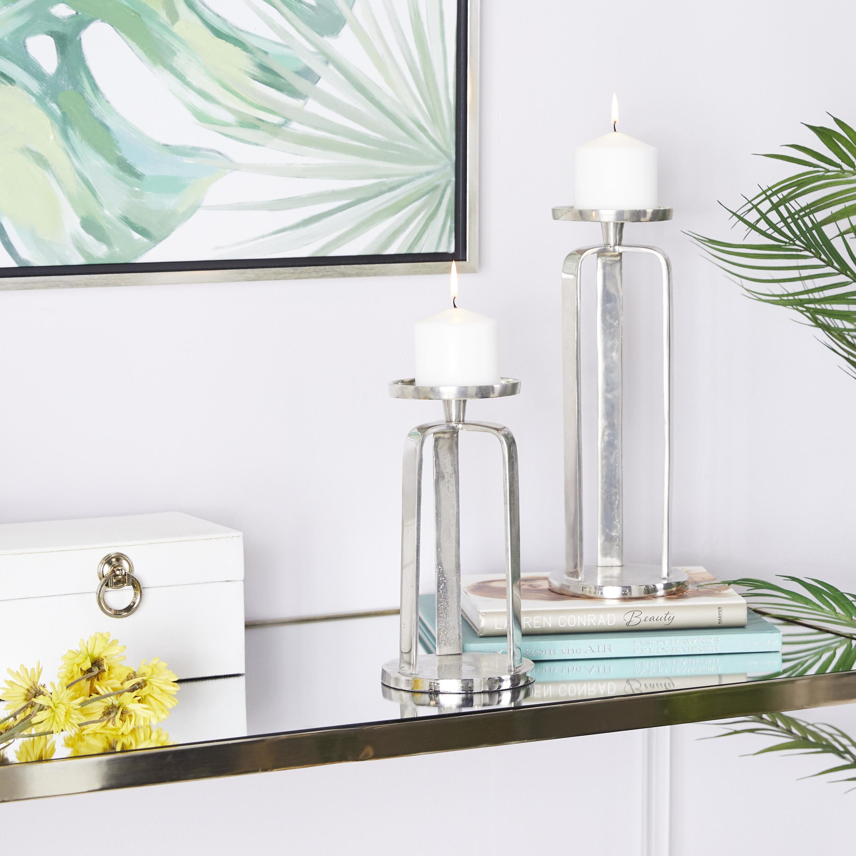 Contemporary Silver Aluminum Geometric Pillar Candle Holder Set