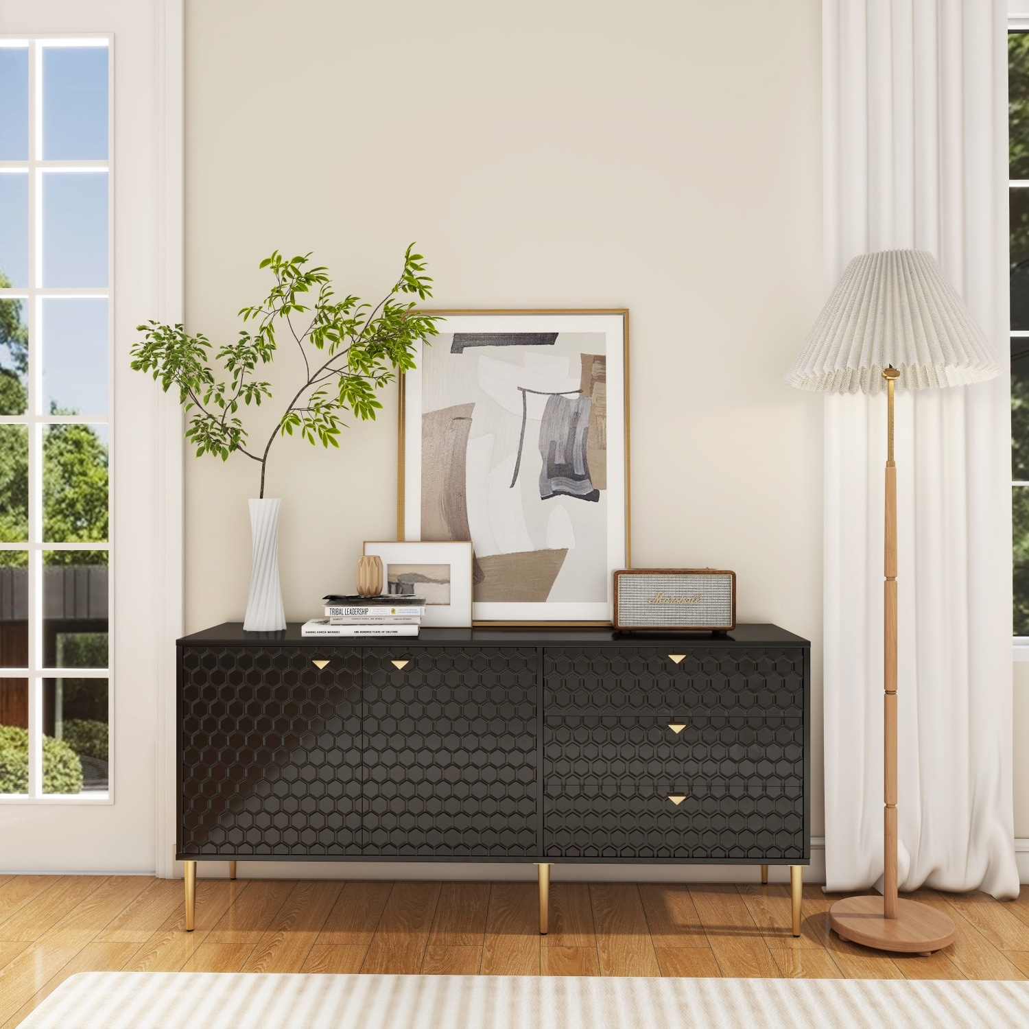 Boyel Living Sideboard Buffet Cabinet, 2-Door Accent Cabinet with 3 Drawer Dressers for Living Room, Kitchen, Office and Hallway, Black