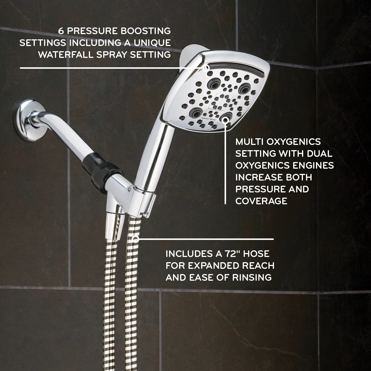 Oxygenics Marvel 6.0 -Spray Chrome 4.88-in Square Handheld High Pressure Shower Head 1.8 GPM