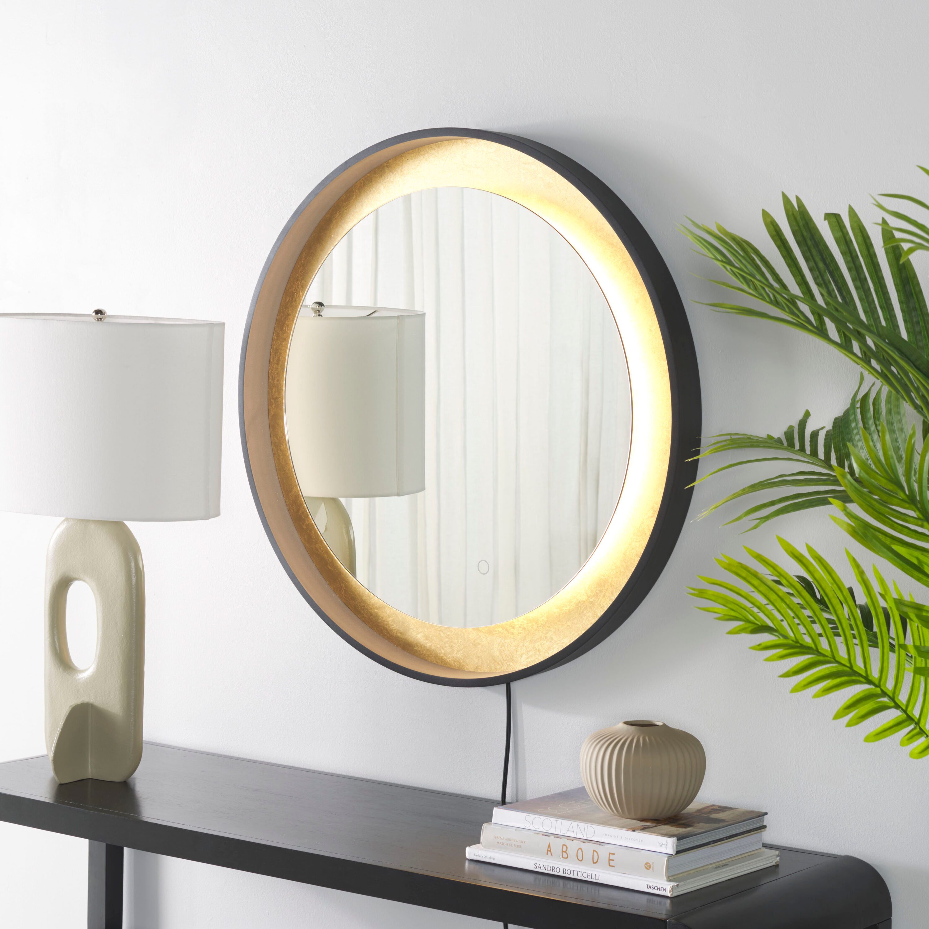 SAFAVIEH Erdem 30 Inch Aluminum Led Mirror, Black/Gold Leaf