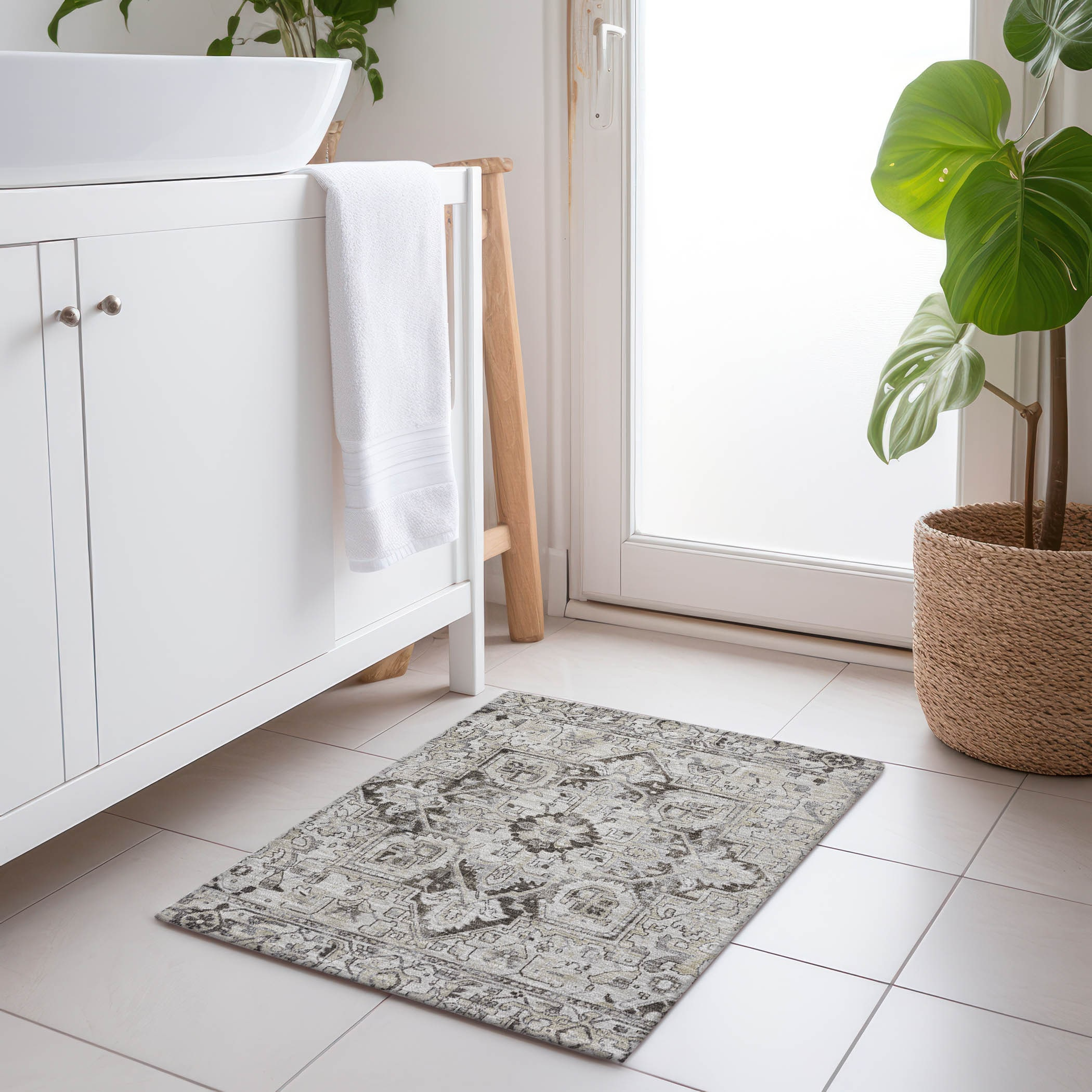Ivory and Gray Synthetic Oriental Washable Area Rug 1'8" x 2'6"