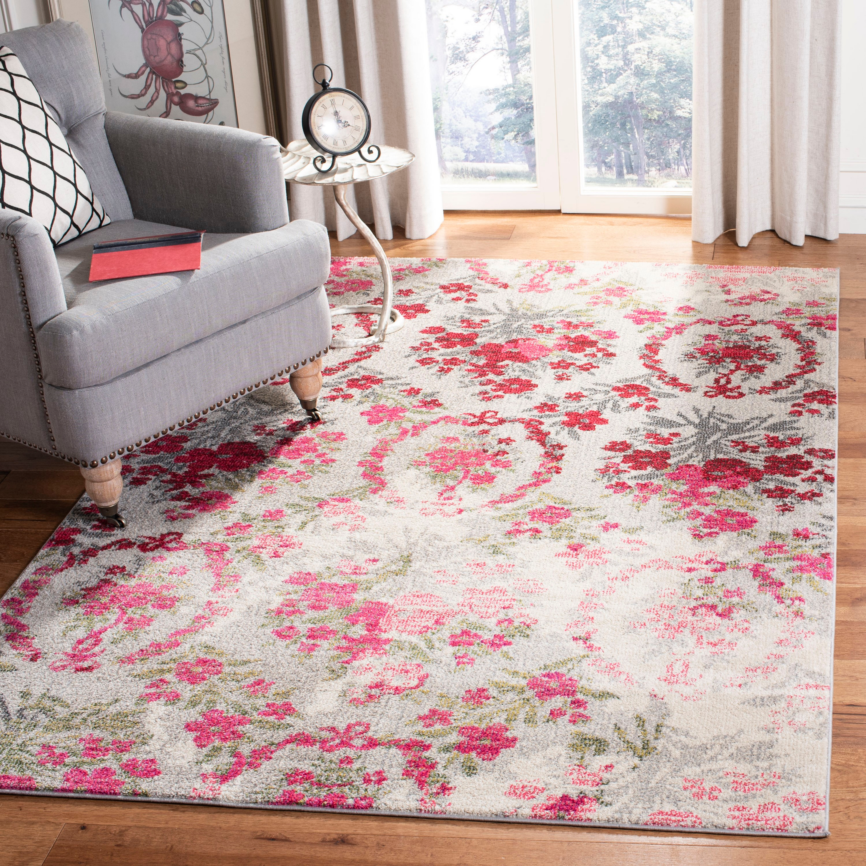 SAFAVIEH Monaco Cyan Floral Area Rug, Ivory/Pink, 9' x 12'