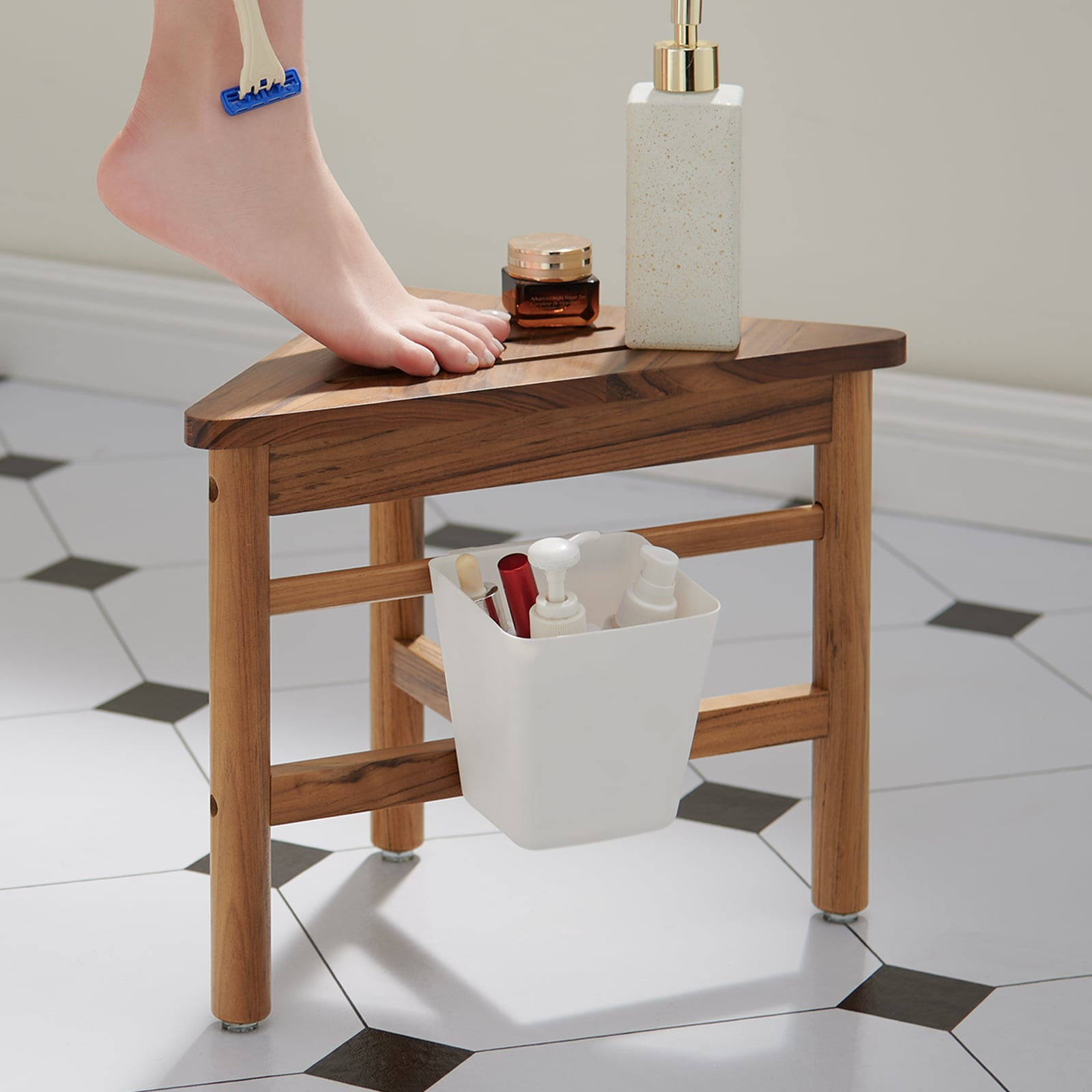 Utopia Alley  12 in. Small Teak Corner Shower Stool with Plastic Storage for Inside Shower, Indoor & Outdoor Use