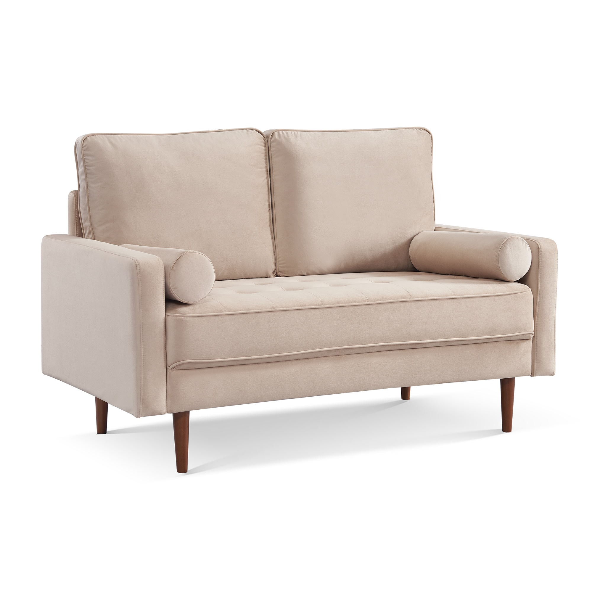 57 Inch Wide Upholstered Two Cushion Loveseat w/ Bolster Pillows in Beige Velvet