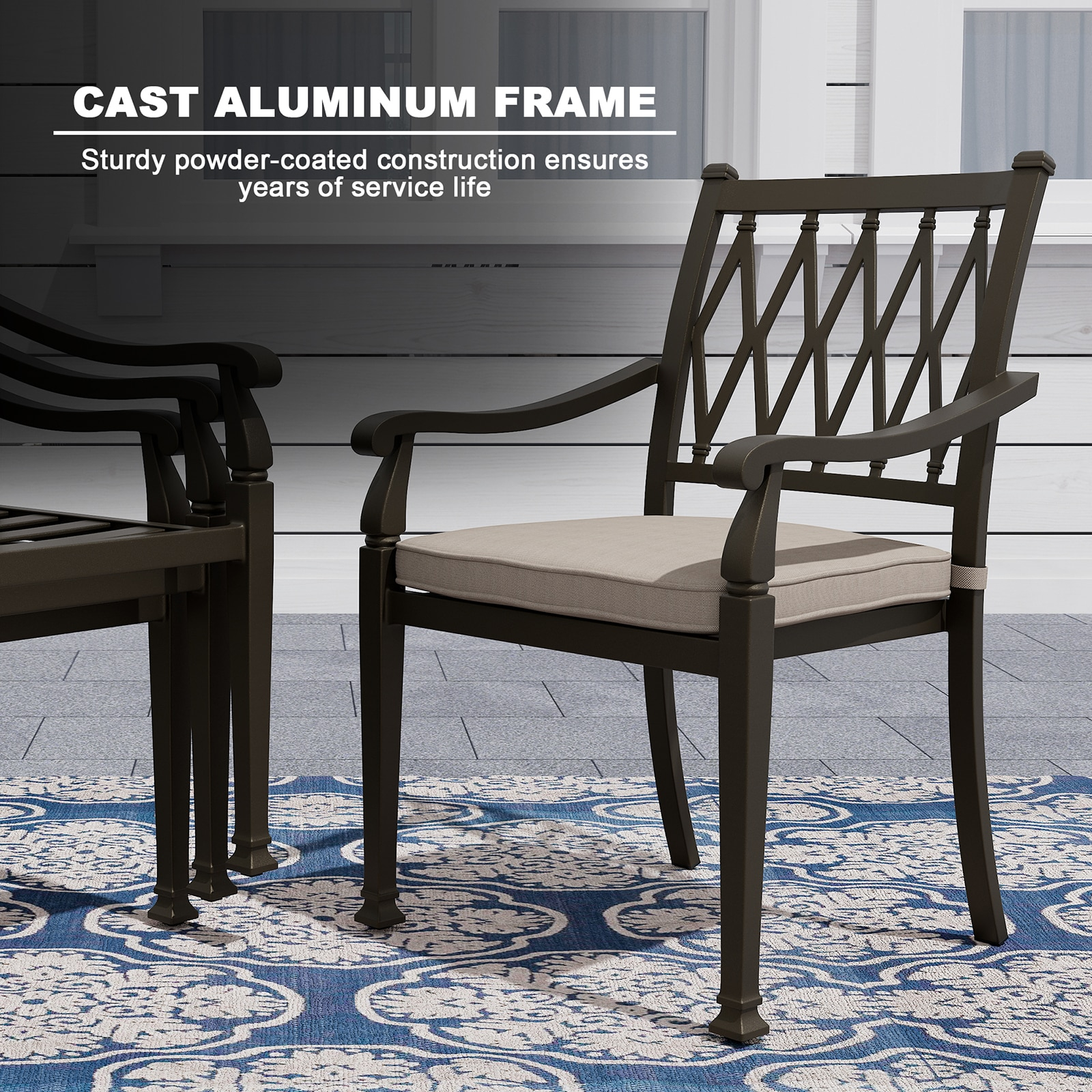 Mondawe Cast Aluminum Outdoor Dining Armchair Set of 4, 23" Extra Wide Ergonomic Patio Chair with Beige Olefin Cushion