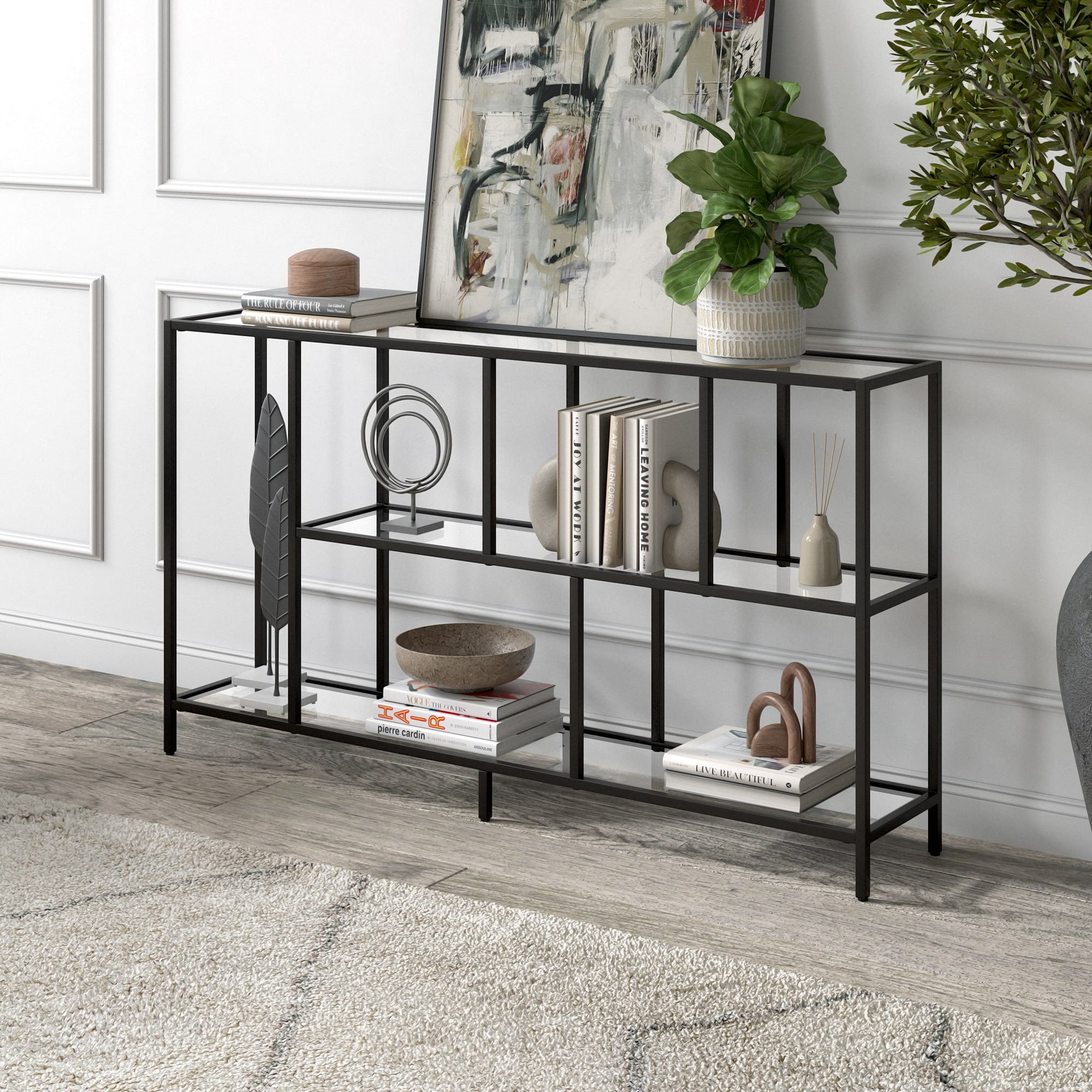 Evelyn&Zoe Winthrop 52" Wide Rectangular Console Table with Glass Shelves, Blackened Bronze