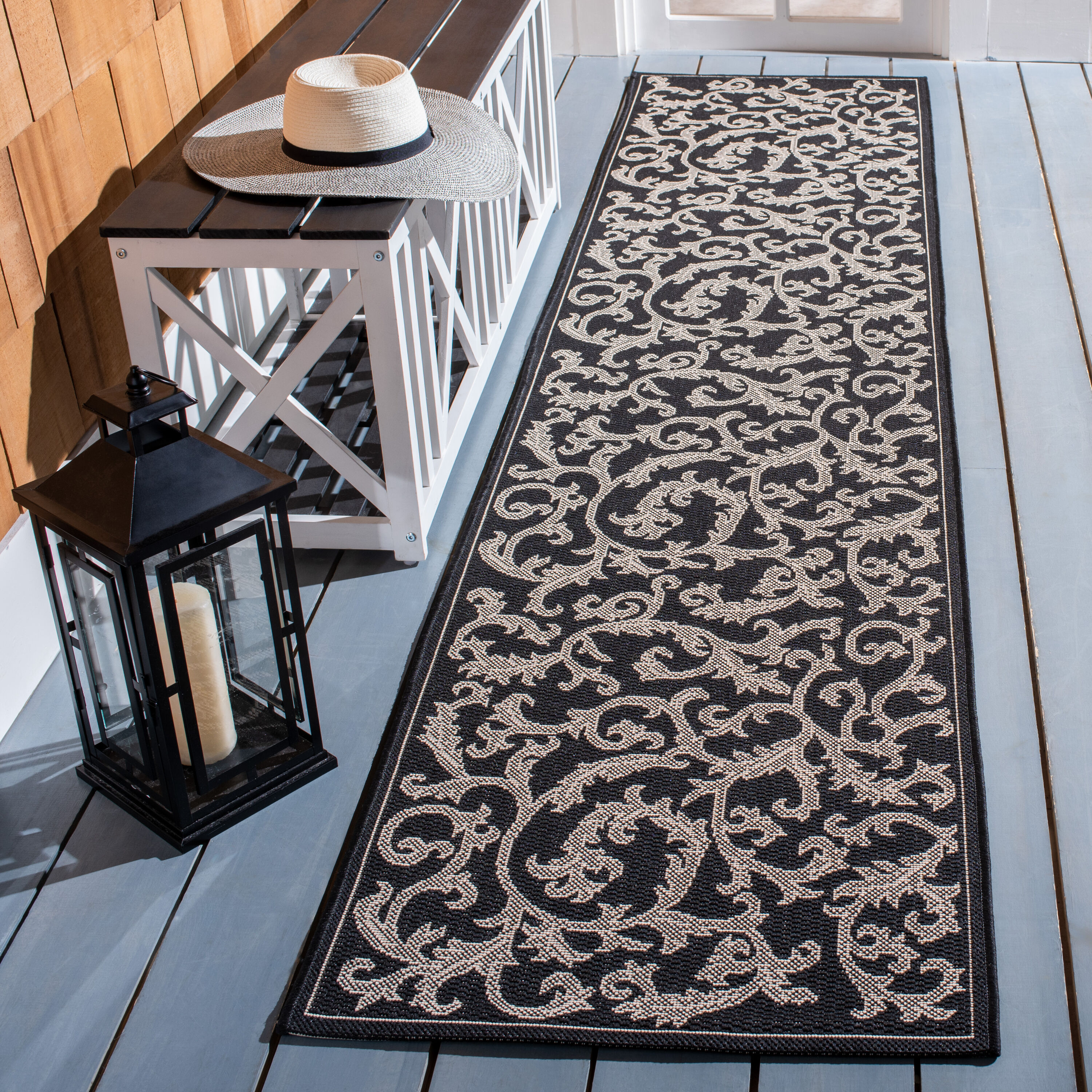 SAFAVIEH Courtyard Kevin Floral Indoor/Outdoor Runner Rug, 2'3" x 10', Black/Sand