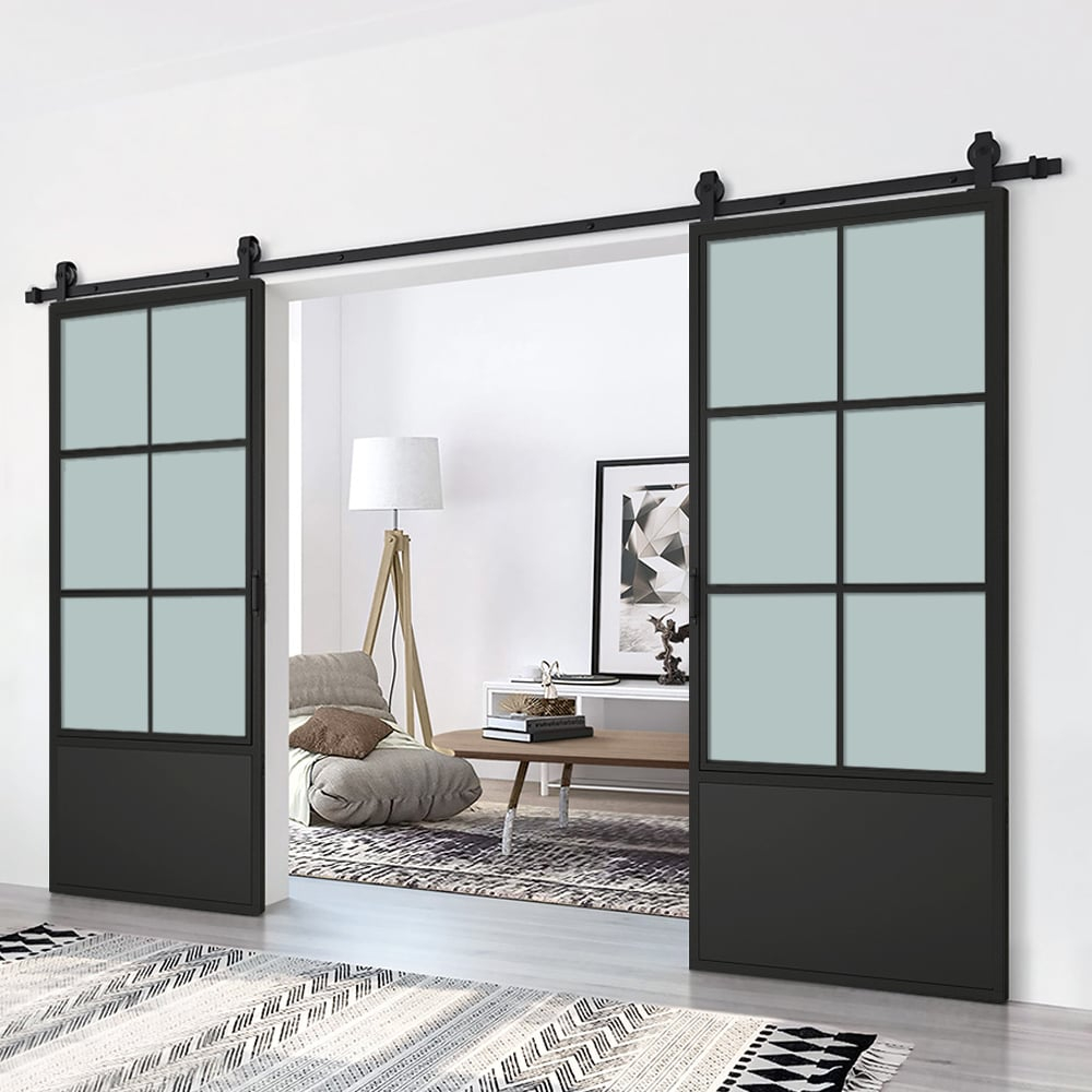 CALHOME 60-in x 84-in Frosted Glass Black Frosted glass Glass Solid core Double Barn Door (Hardware Included)