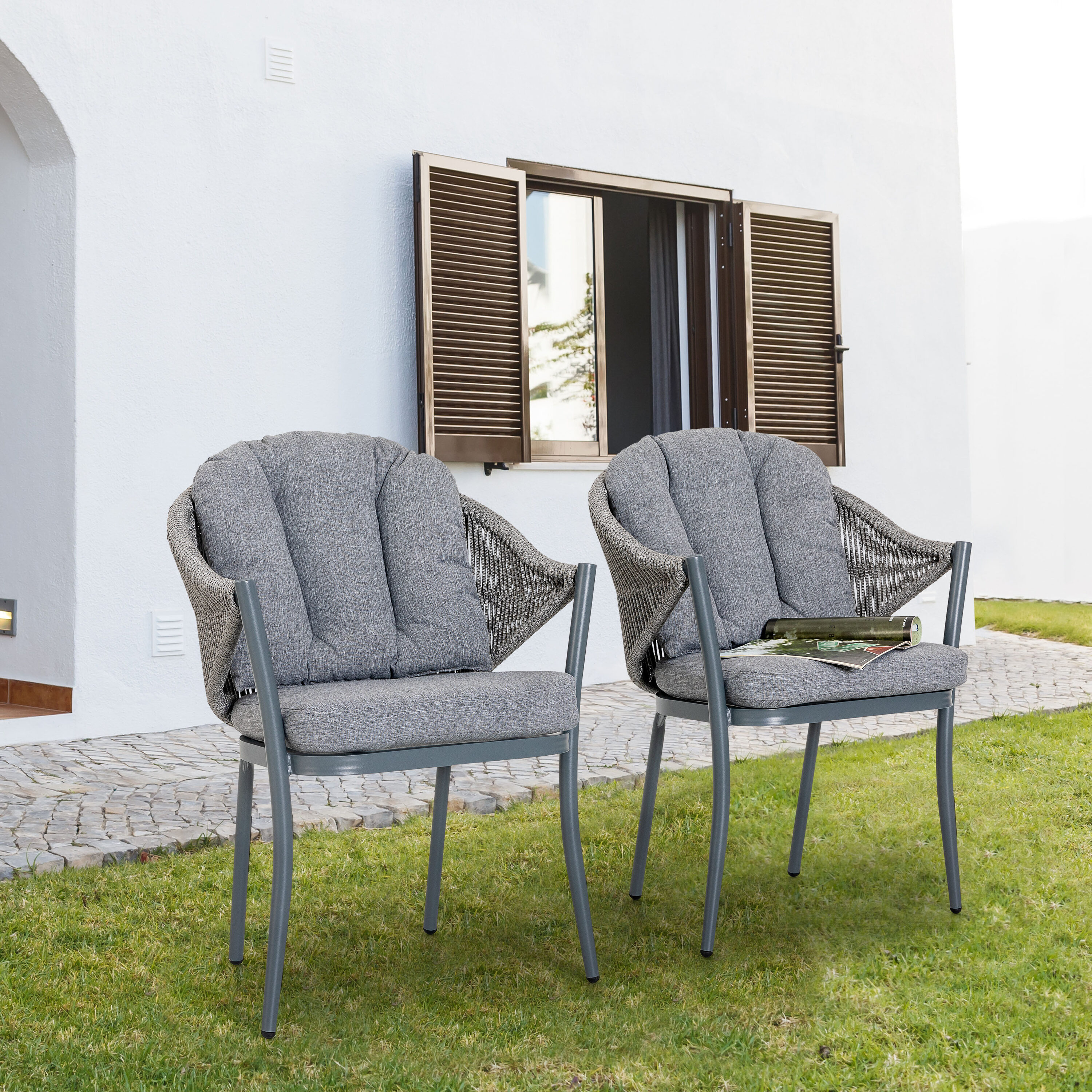 Nuu Garden Patio Dining Chairs Set of 2, Woven Rope Outdoor Dining Chairs, All-Weather Aluminum Arm Chairs with Cushions, No Assembly Light Grey