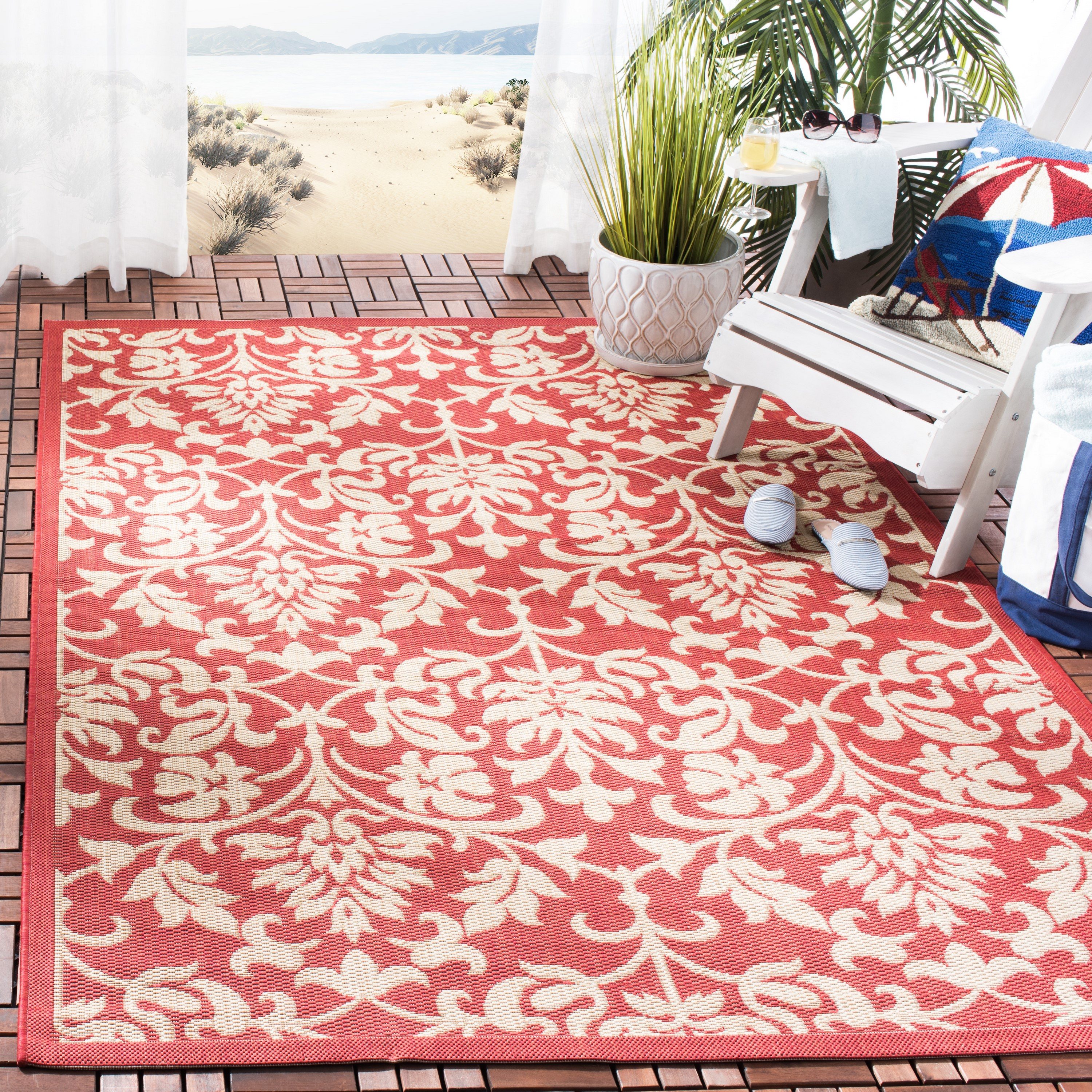 SAFAVIEH Courtyard Yvette Floral Indoor/Outdoor Area Rug, 4' x 5'7", Red/Natural