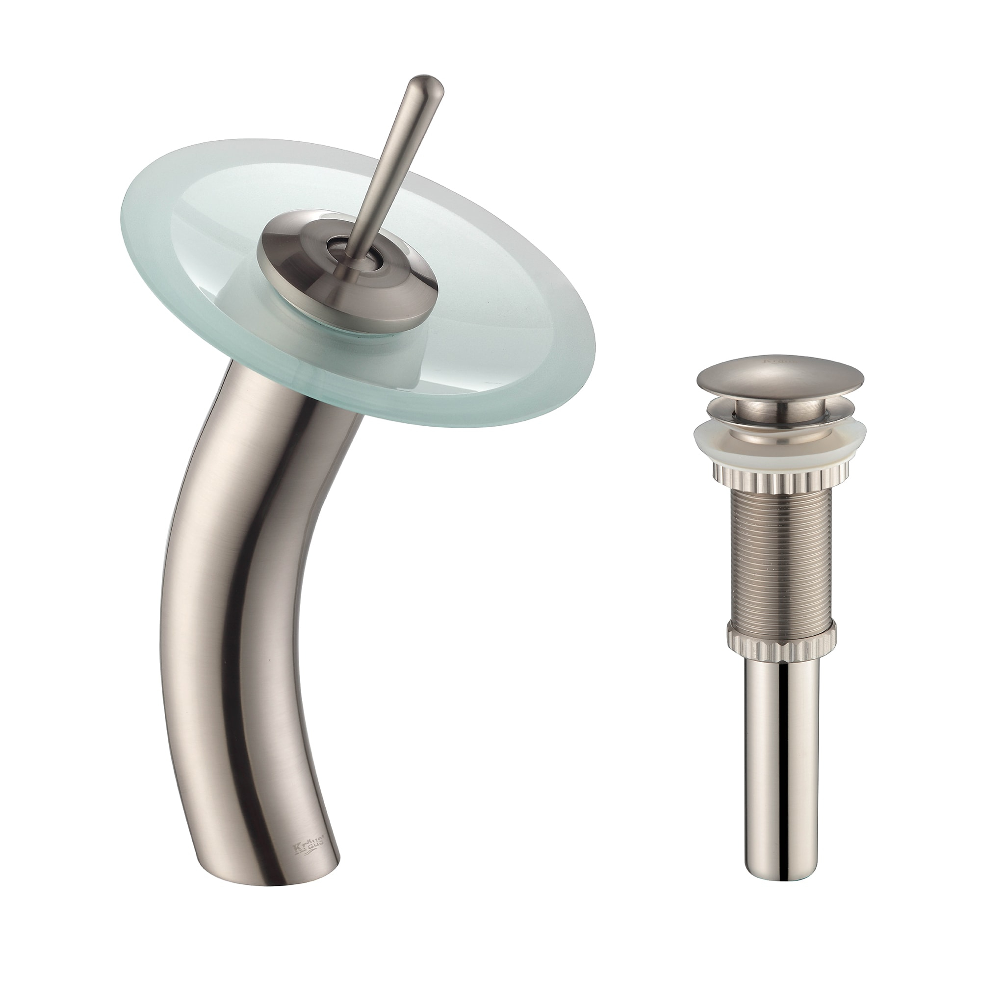 KRAUS Tall Waterfall Bathroom Faucet for Vessel Sink with Frosted Glass Disk and Pop-Up Drain, Satin Nickel Finish
