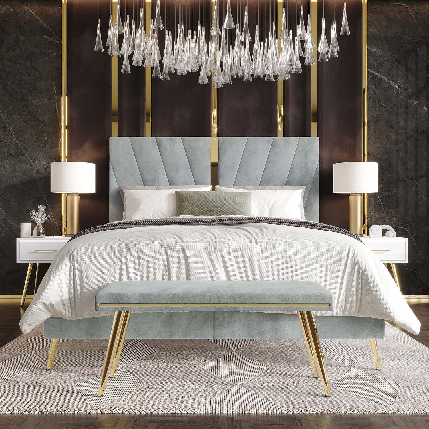 Castle Place Contemporary Velvet Queen Upholstered Bed with 2 Nightstand and Bench, Silver Grey