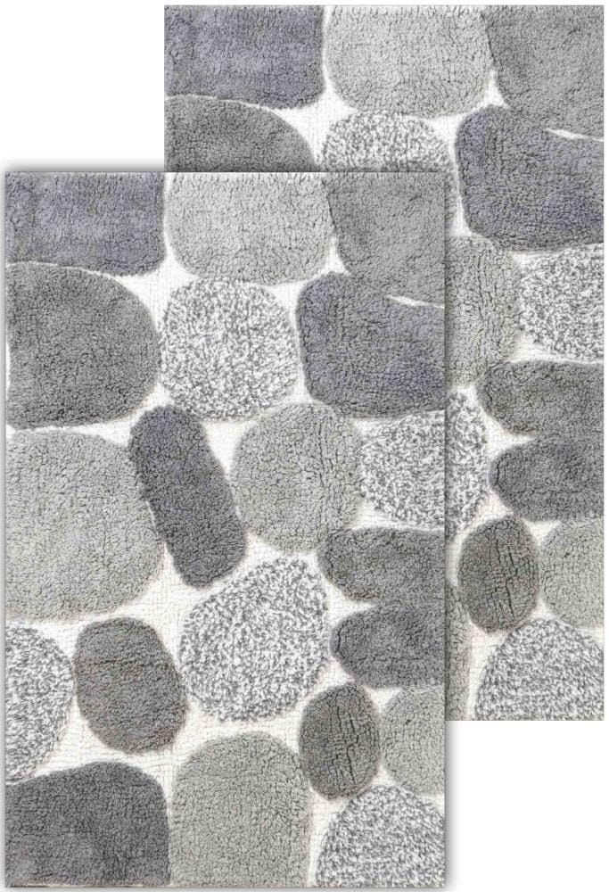 Chesapeake Geometric Grey Cotton Bath Rug, Non-Slip Backing (2 Count)