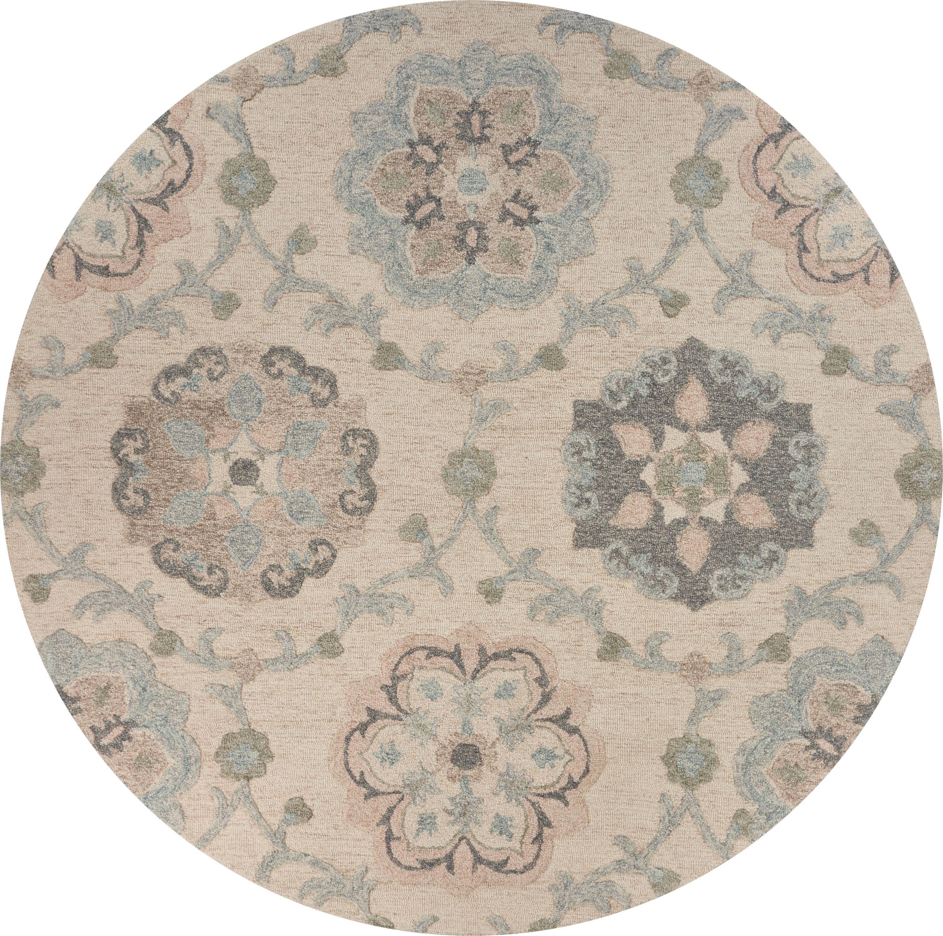 LR Home Aiden 7'3" Round Ivory and Blue Floral Wool Indoor Area Rug