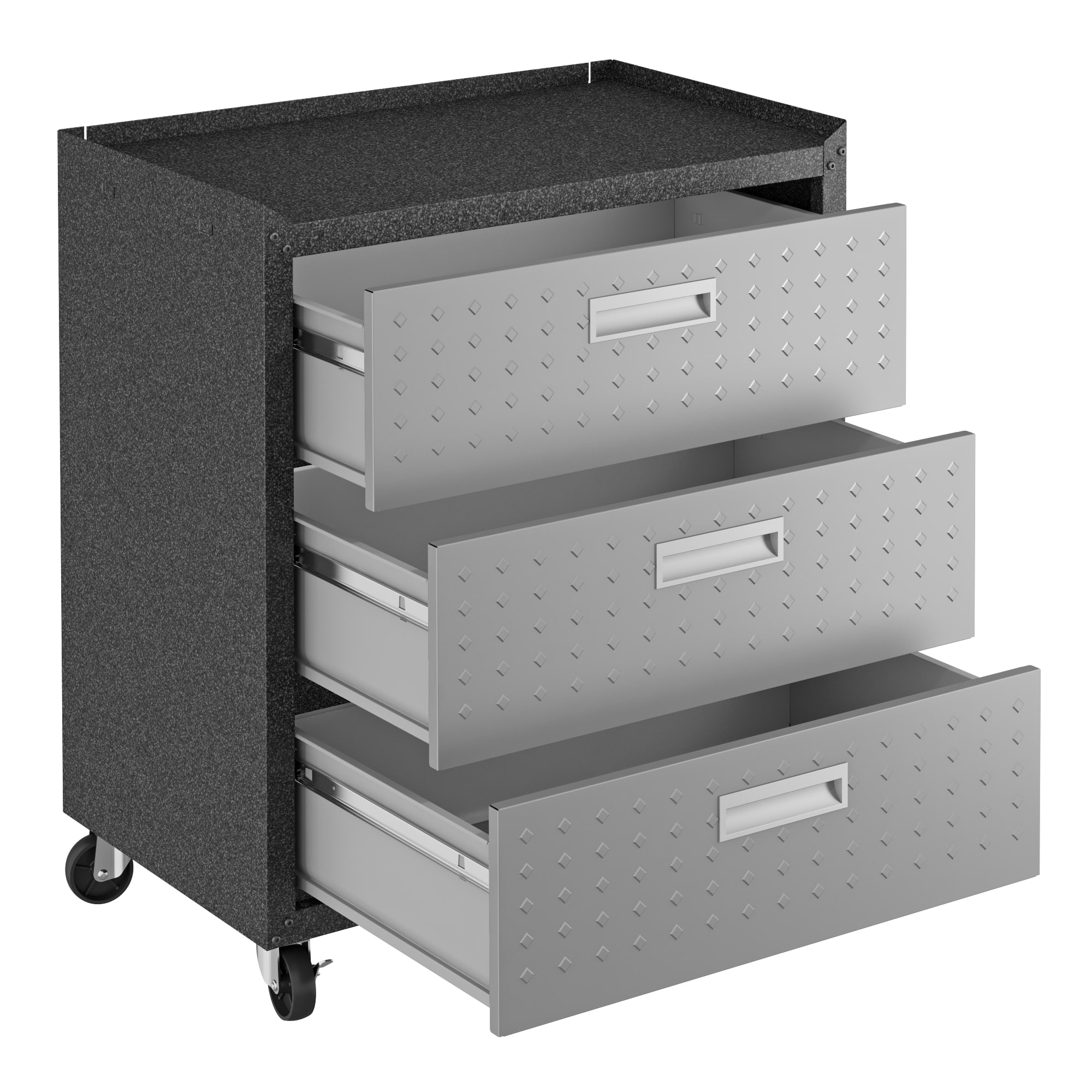 Fortress Textured Metal 31.5" Garage Mobile Chest with 3 Full Extension Drawers in Grey