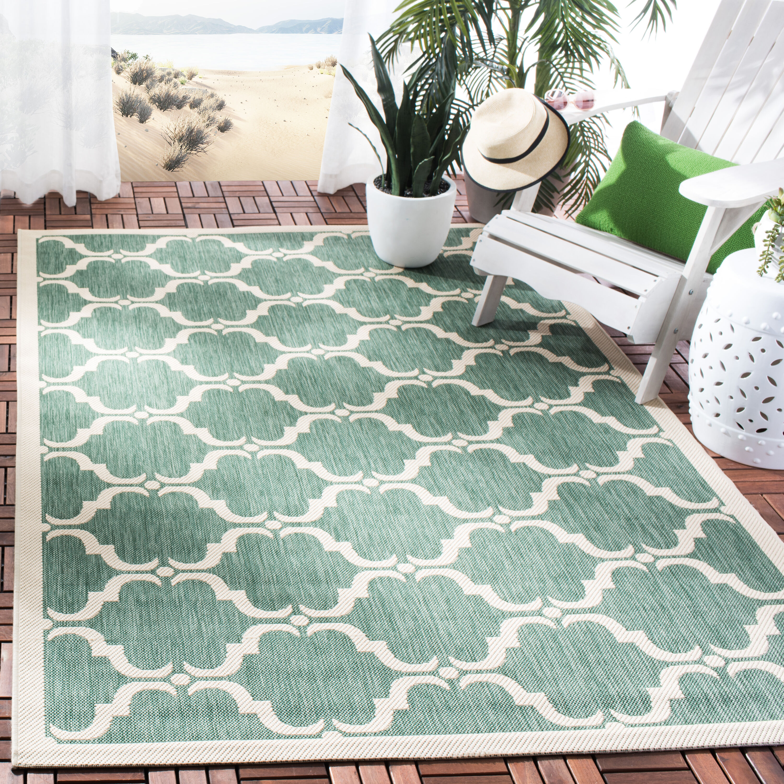 SAFAVIEH Courtyard Estelle Geometric Indoor/Outdoor Area Rug, 9' x 12', Dark Green/Beige
