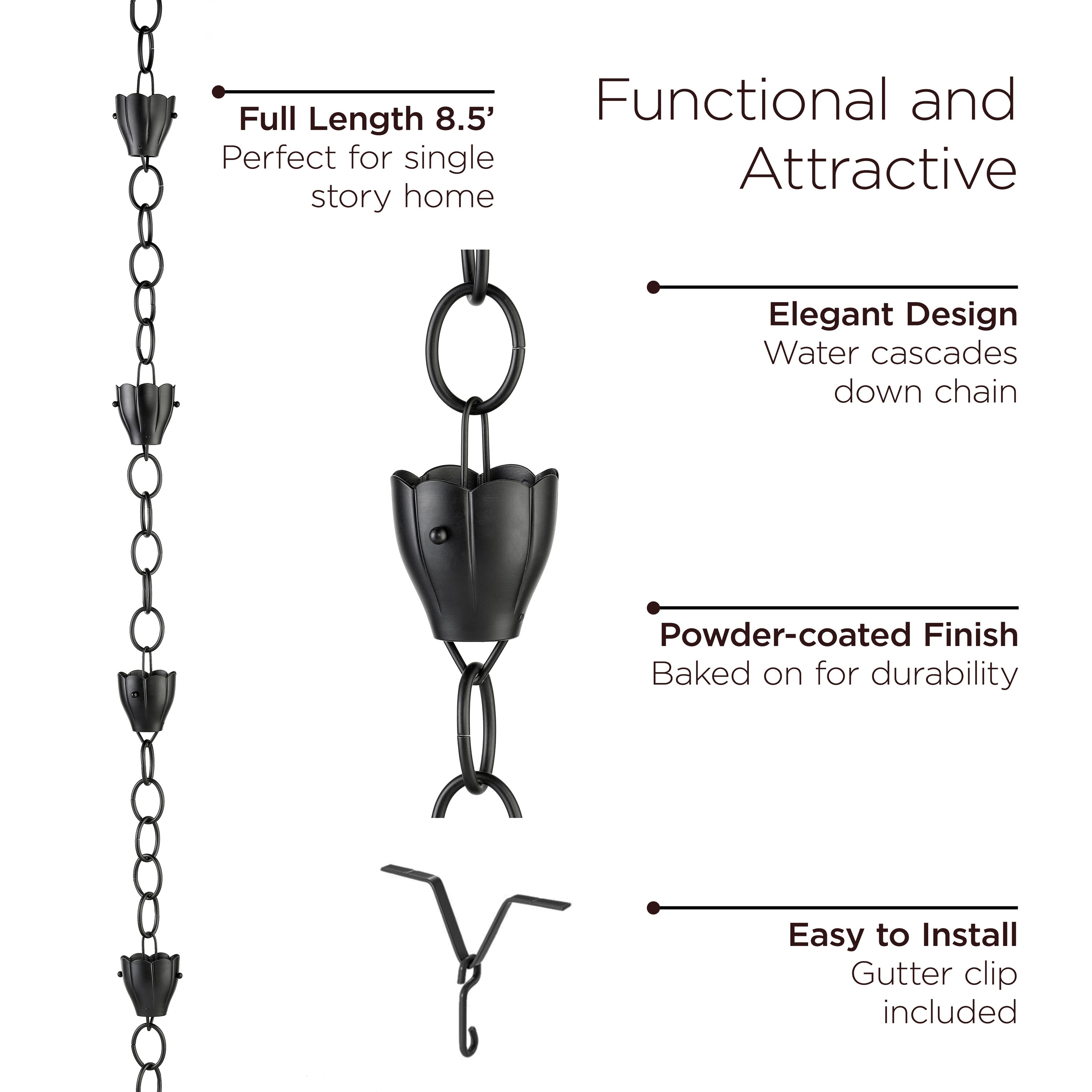 Good Directions 6 Cup Crocus Black Aluminum 8.5 ft. Rain Chain with Gutter Installation Clip