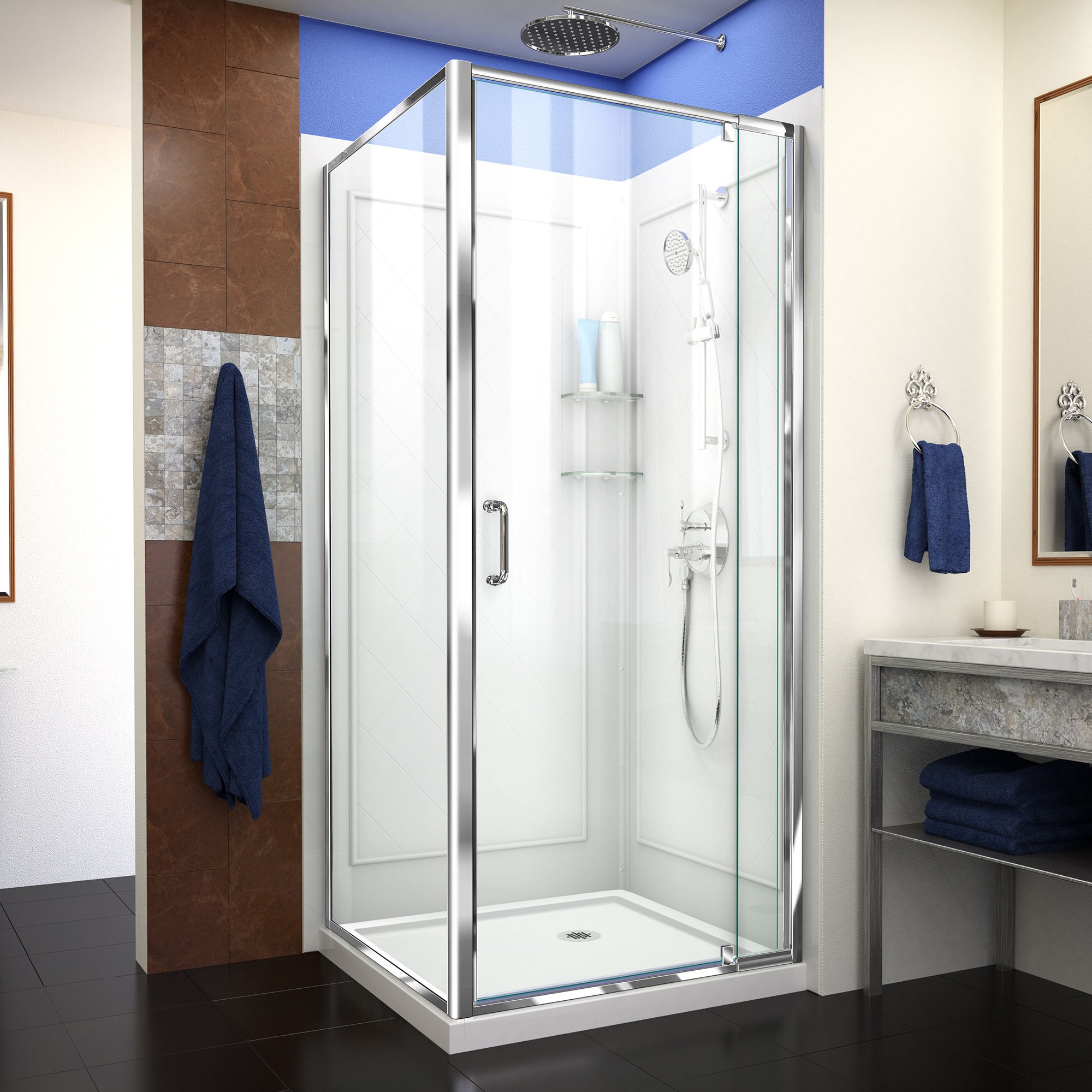 DreamLine Flex 32 in. D x 32 in. W x 76 3/4 in. H Semi-Frameless Shower Enclosure in Chrome with Corner Drain Base and Backwalls