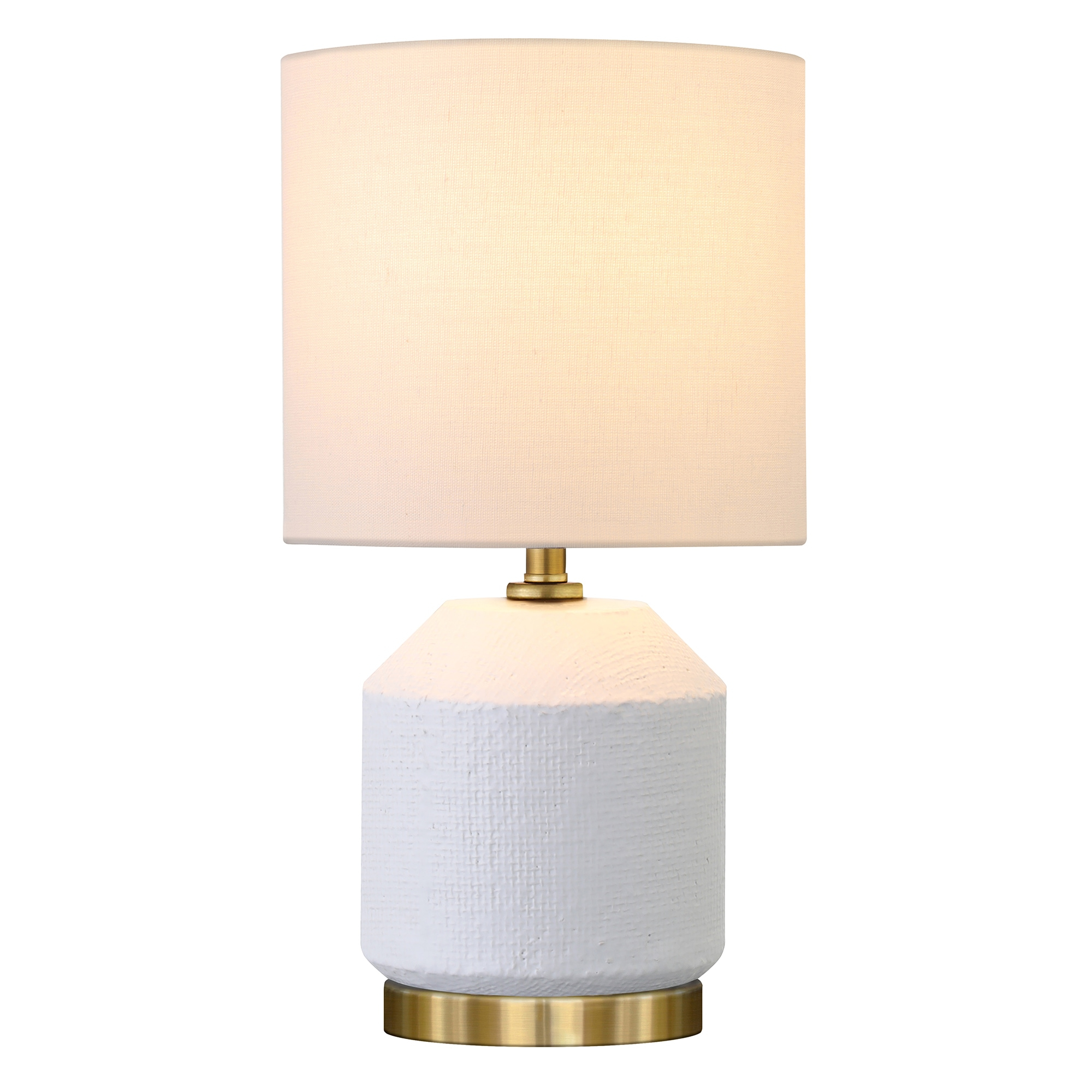 Evelyn&Zoe Esther 15" Tall Textured Ceramic Mini Lamp with Fabric Shade, Matte White/Antique Brass/White