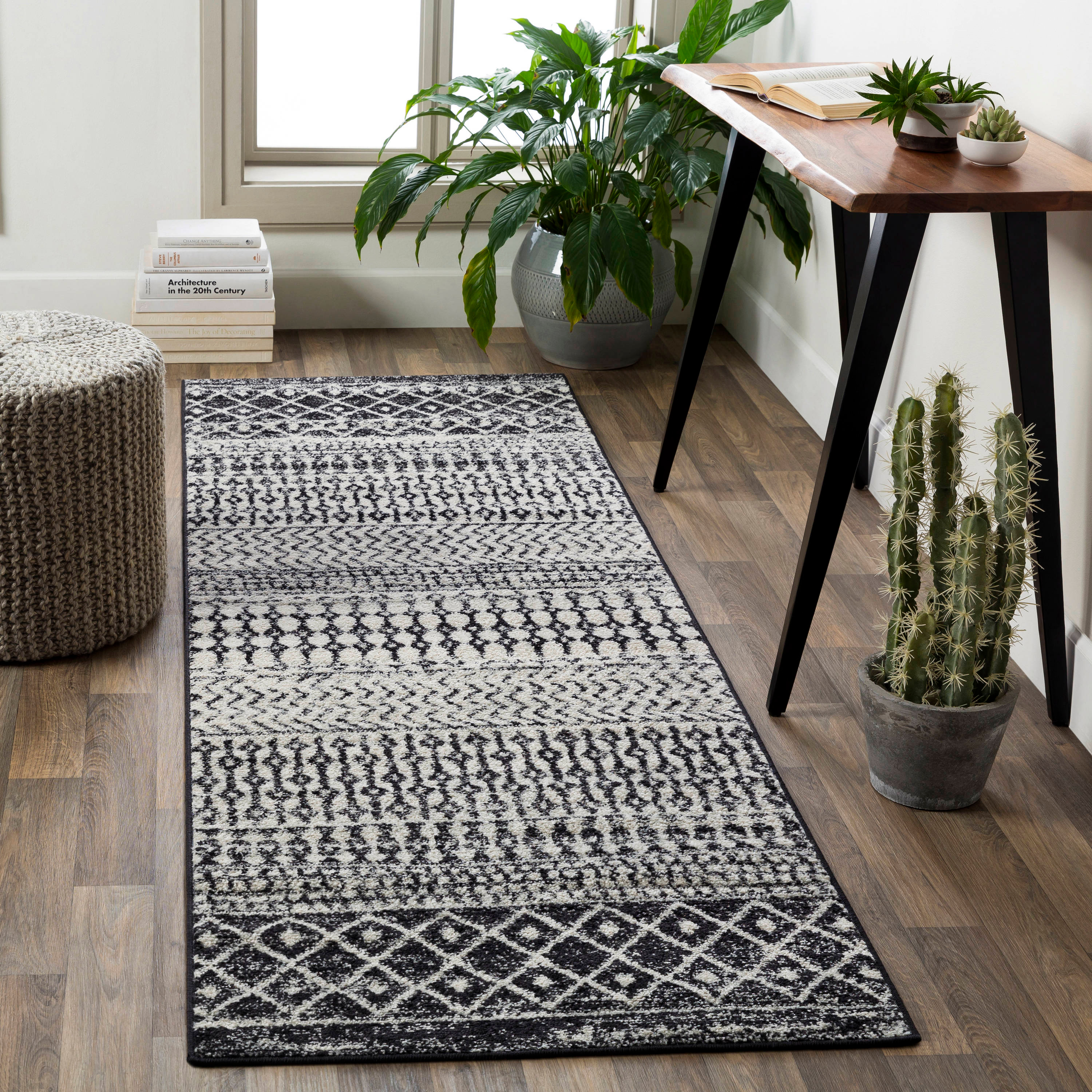 Black and Multicolor Synthetic Stain-Resistant Runner Rug
