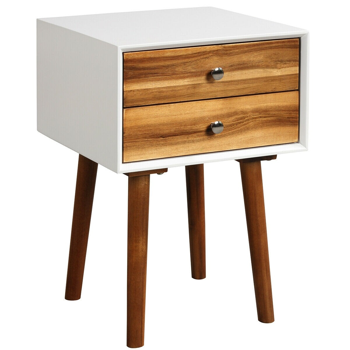 Giantex Mid Century Modern Nightstand, Wooden Bedside Tables w/ 2 Storage Drawers & Solid Wood Legs, Practical End Side Table for Living Room Bedroom, White & Walnut