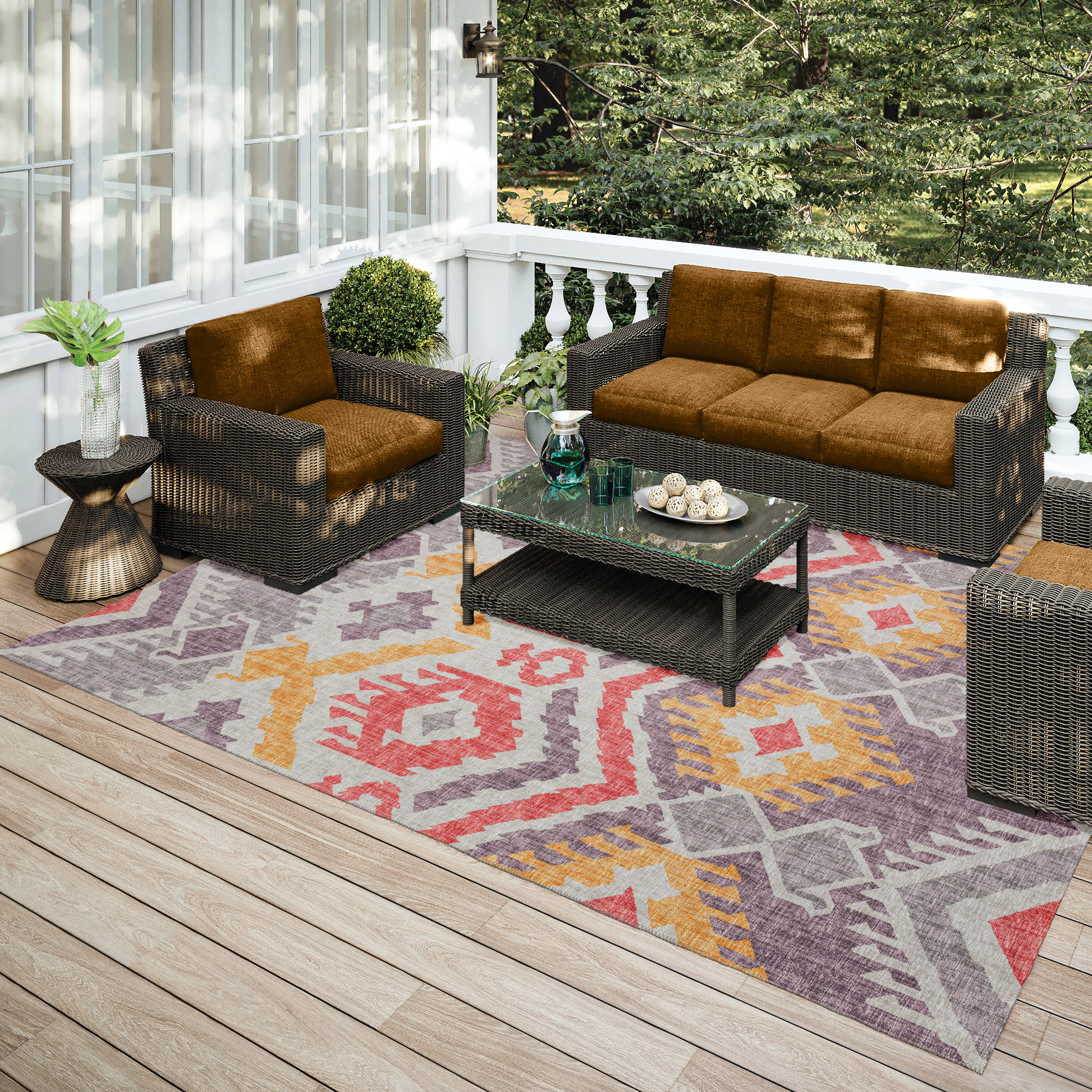 Addison Rugs Indoor/ Outdoor Addison Yuma Southwest Ikat Washable Area Rug 5' x 7'6" - Purple
