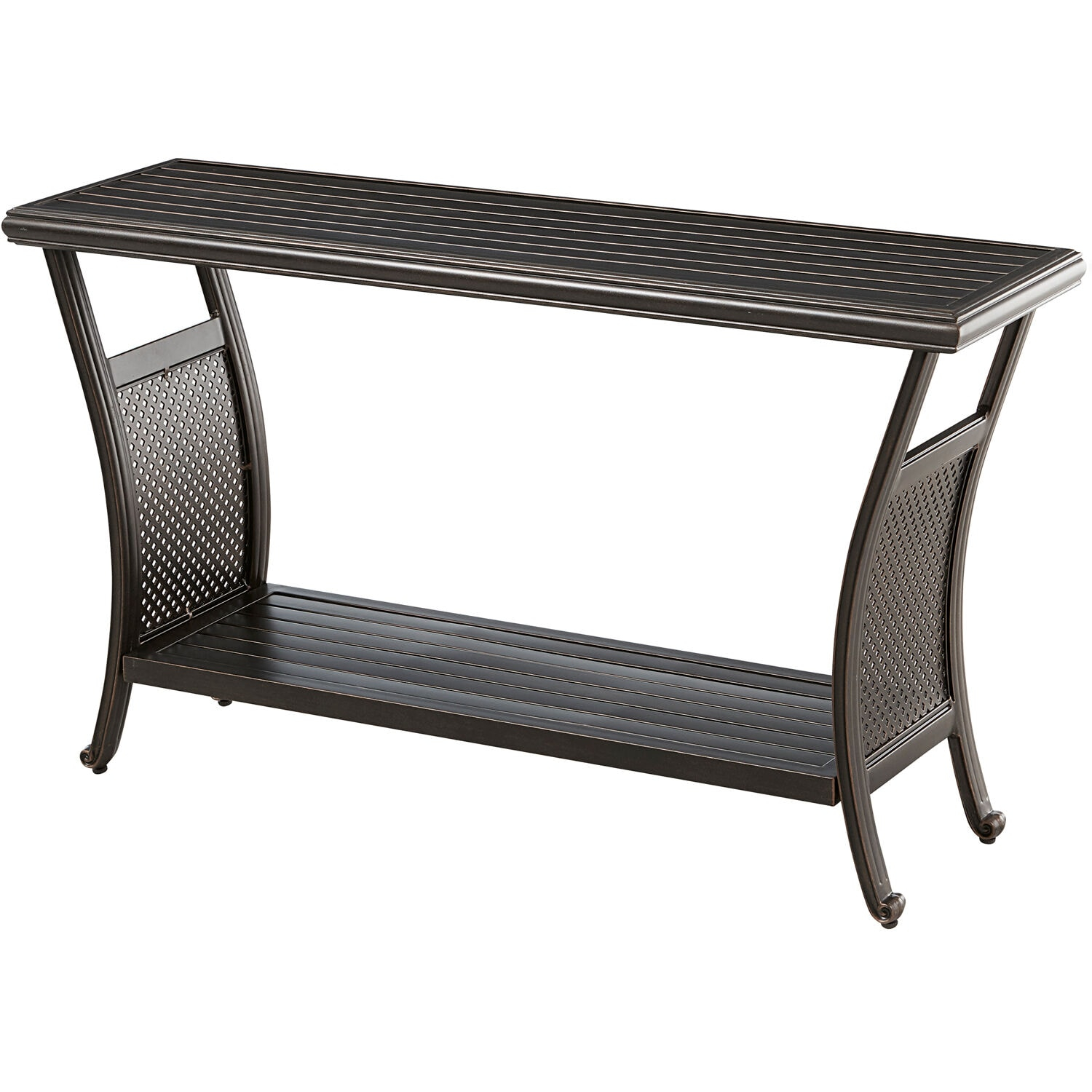 Hanover Traditions Outdoor Patio 50" Slat Top Console Table, 2 Shelf, Brushed Bronze Finish, Rust-Resistant, All-Weather - TRADCONTBL