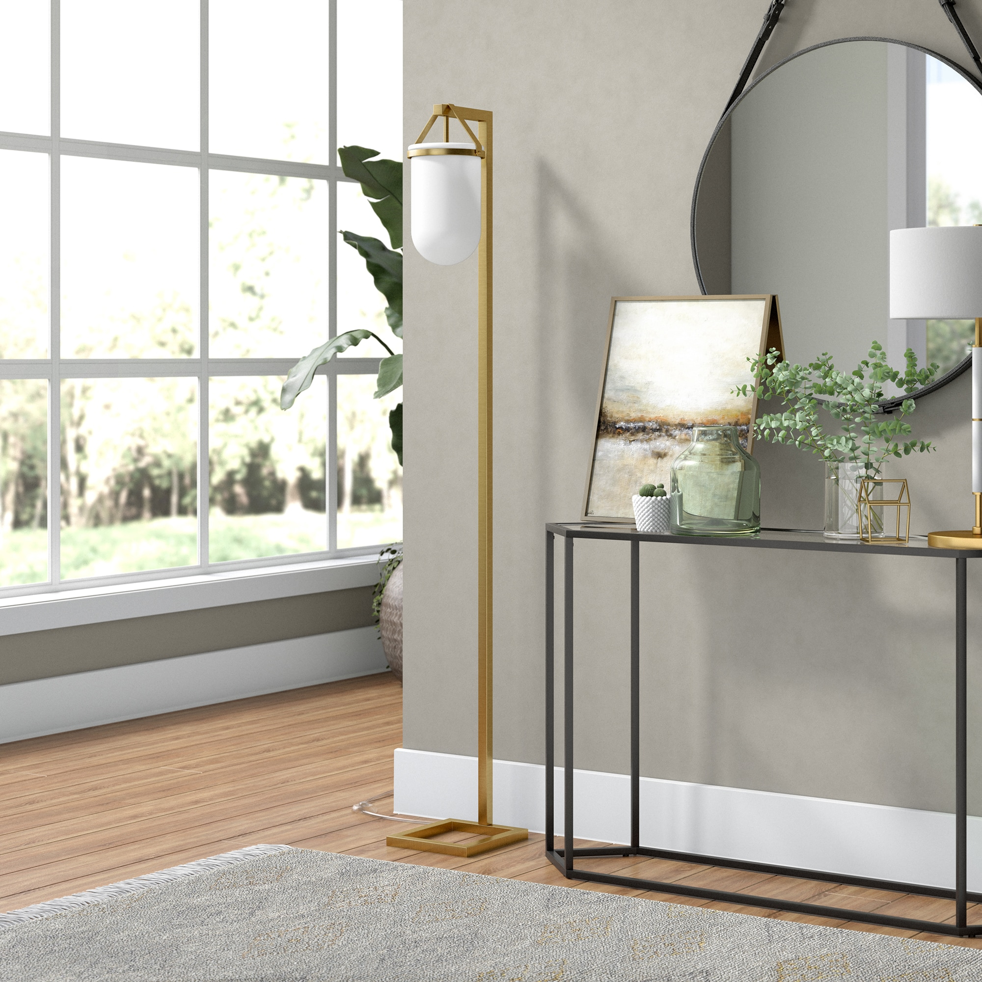 Evelyn&Zoe Shiloh 68" Tall Floor Lamp with Glass Shade, Brass/White Milk