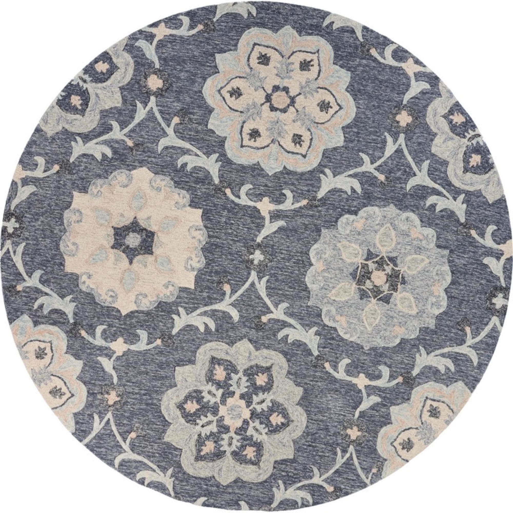LR Home Aiden 4'10" Round Blue and Gray Floral Wool Indoor Area Rug