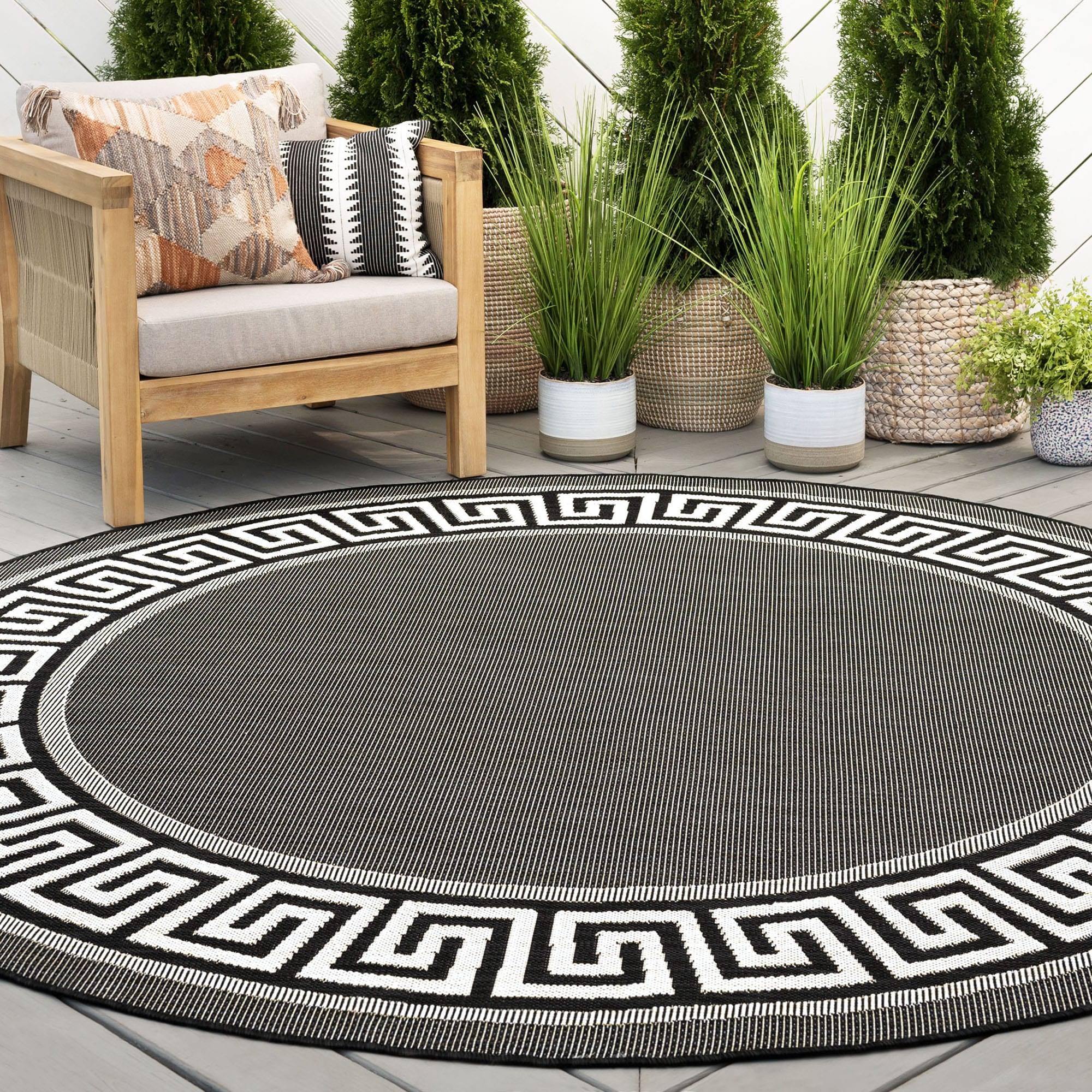 Tayse Eco Area Rug ECO1000 Transitional Black Banded Rows 5' 3" x 5' 3" Round