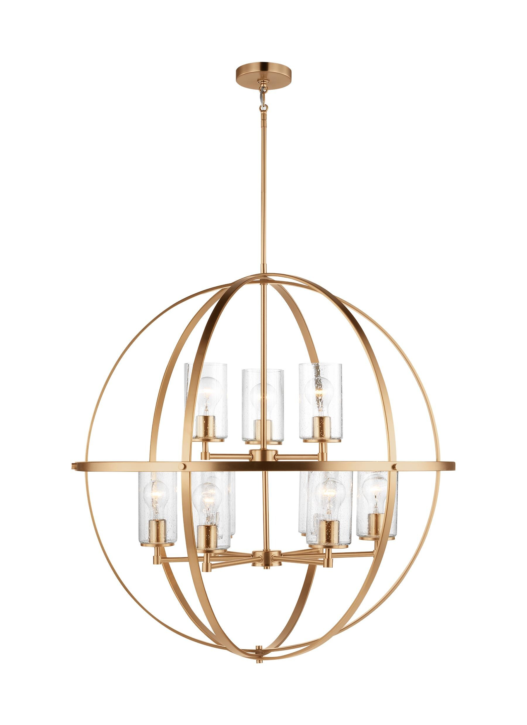 Alturas 9-Light Satin Brass Modern Hanging Globe Chandelier with Clear Seeded Glass Shades