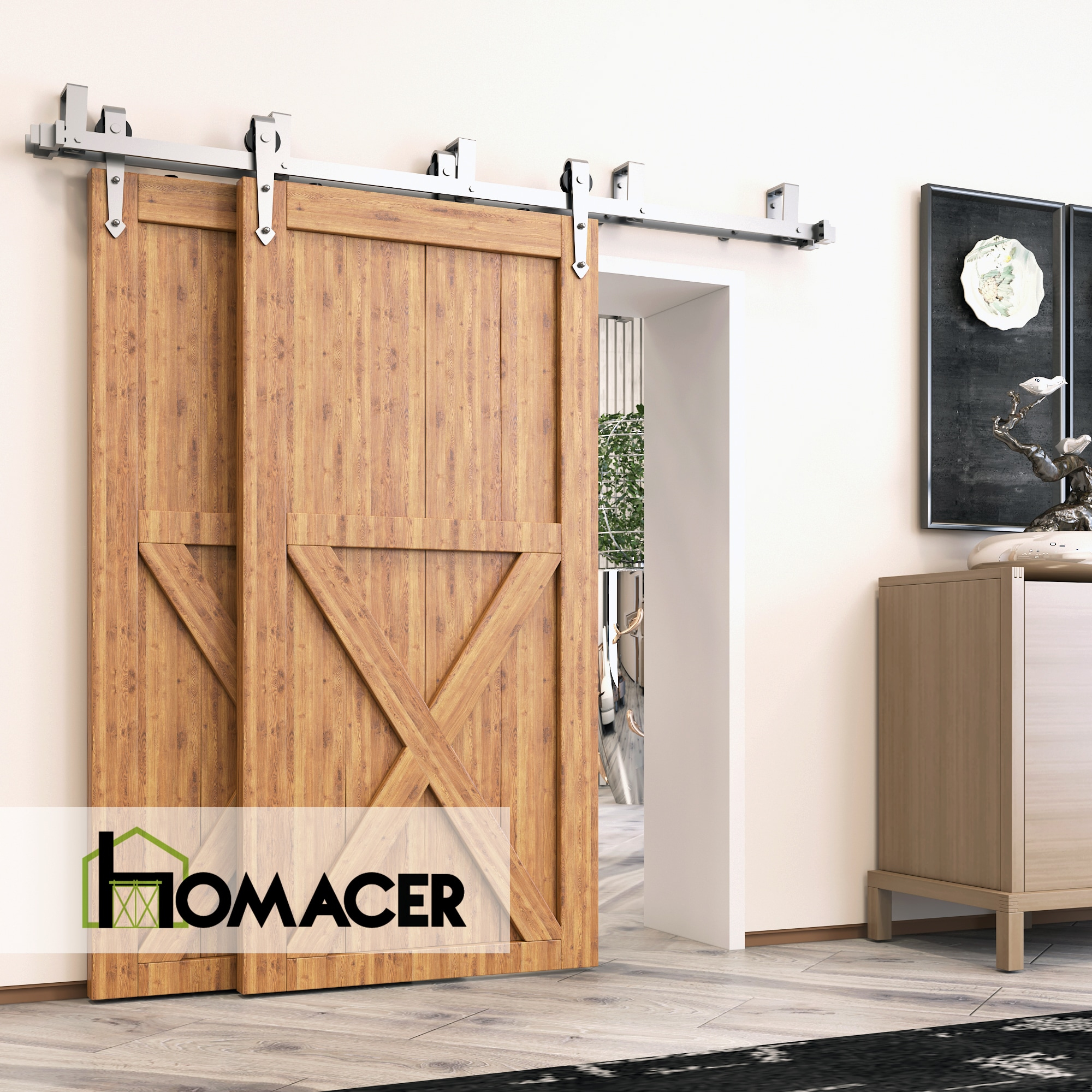 Homacer Brushed Nickel Double Track U-Shape Bypass Sliding Barn Door Hardware Kit, for Two/Double Doors, 6.6ft Long Flat Track, Arrow Design Roller, Heavy Duty, for Interior & Exterior Use