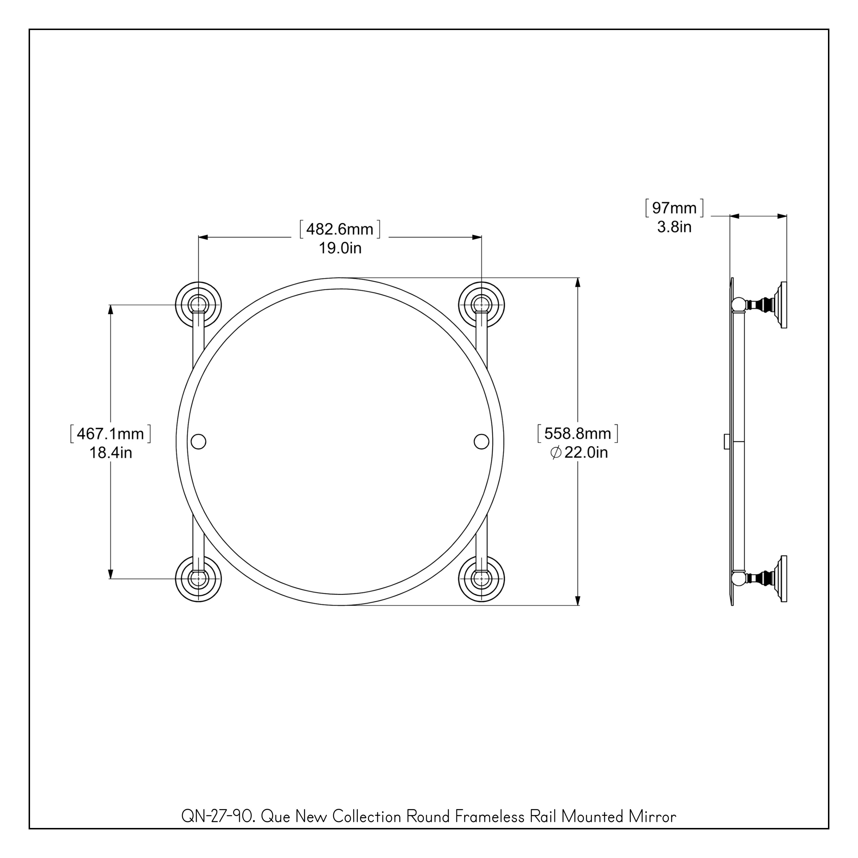 Que New Collection Round Frameless Rail Mounted Mirror - Brushed Bronze