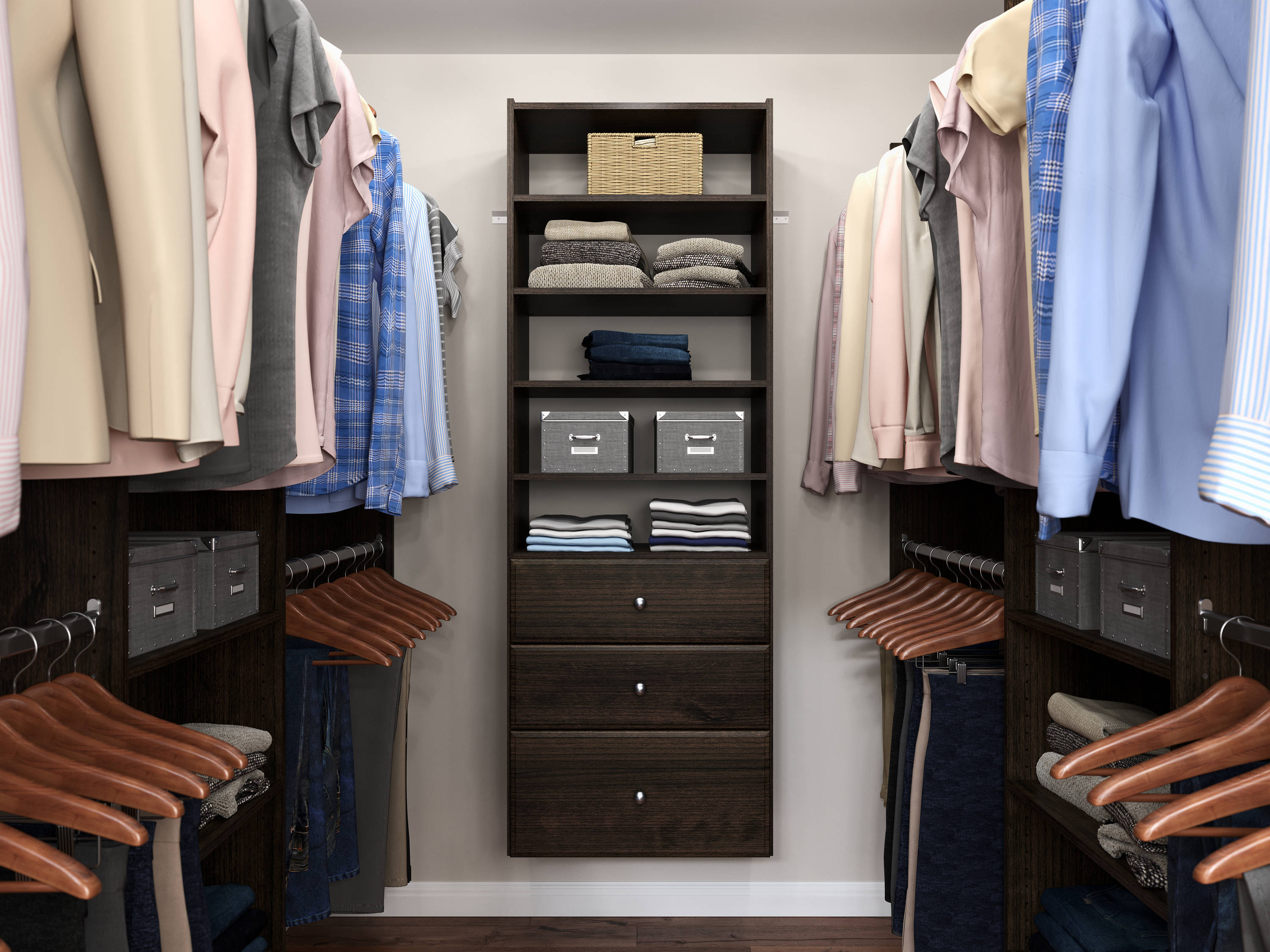 Easy Track Premium Tower Closet Organizer with Shelves and Drawers, Truffle