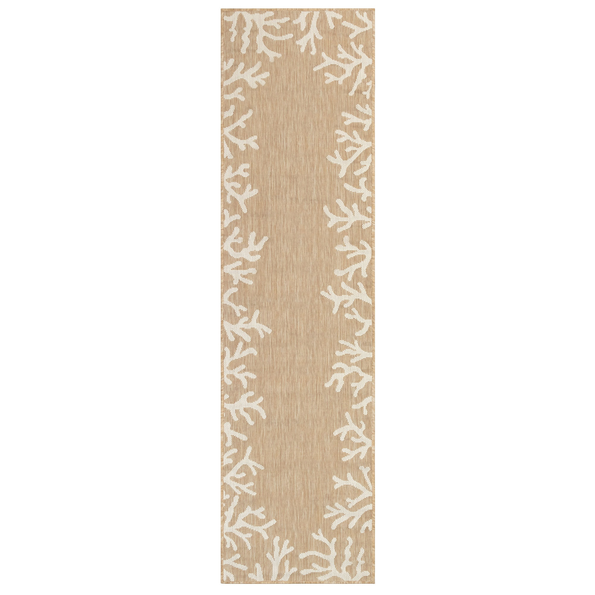 Liora Manne Carmel Indoor/Outdoor Power Loomed Synthetic Blend Low Profile Area Rug - Transitional Border Coastal Ocean Decorative (Coral Border Sand) (1'11" x 7'6")