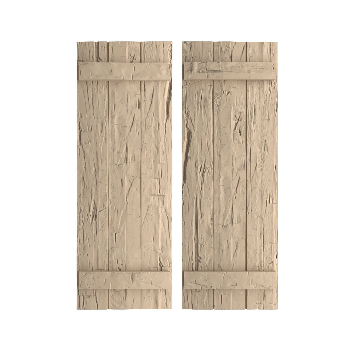 Ekena Millwork 16 1/2"W x 38"H Rustic Three Board Joined Board-n-Batten Hand Hewn Faux Wood Shutters (Per Pair), Primed Tan