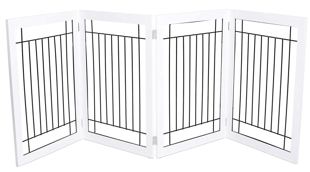 Expandable White Wood and Black Wire Freestanding Pet Gate