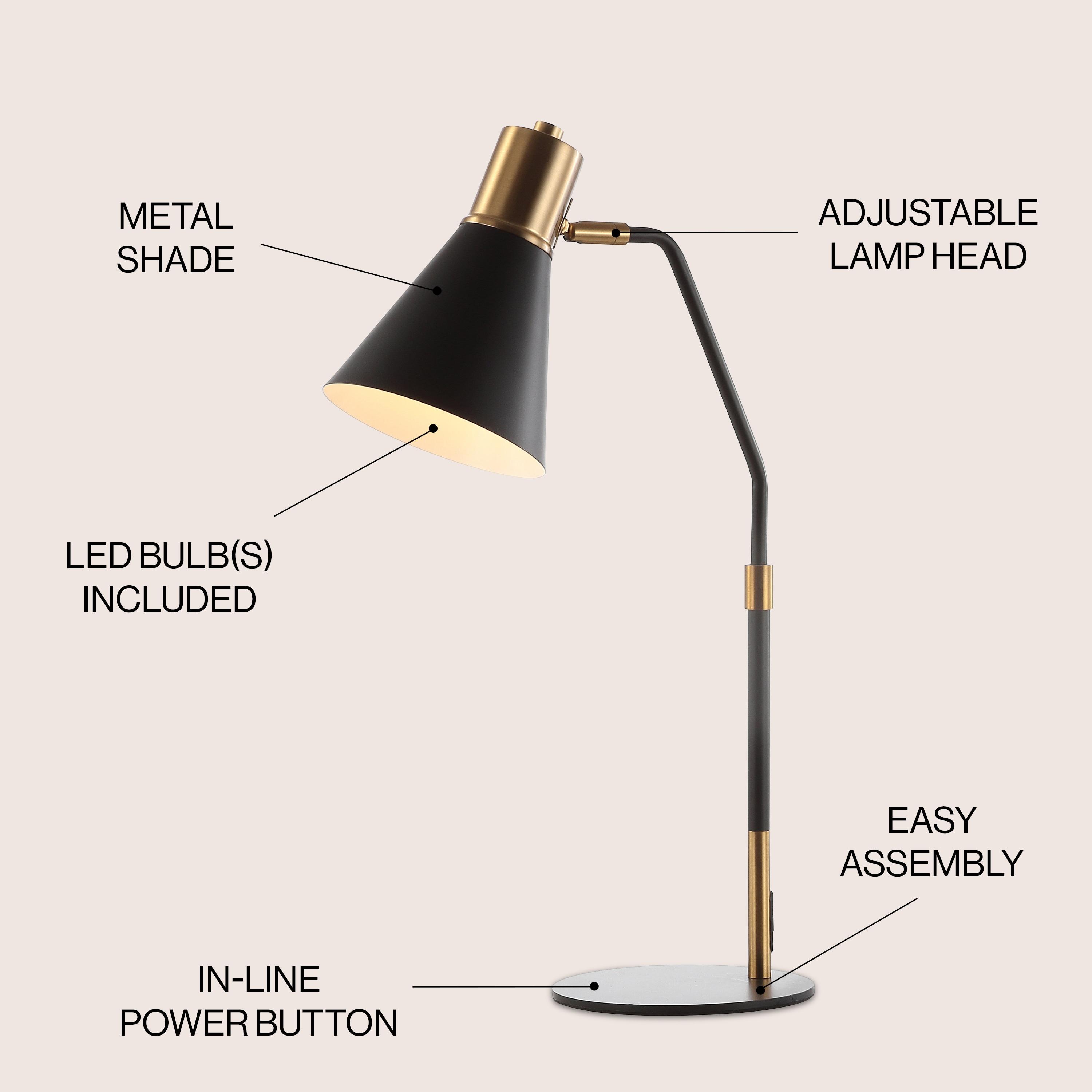 JONATHAN Y JYL6129A Apollo 22.5" Metal LED Task Lamp Contemporary for Bedroom, Living Room, Office, College Dorm, Coffee Table, Bookcase, Black/BrassGold