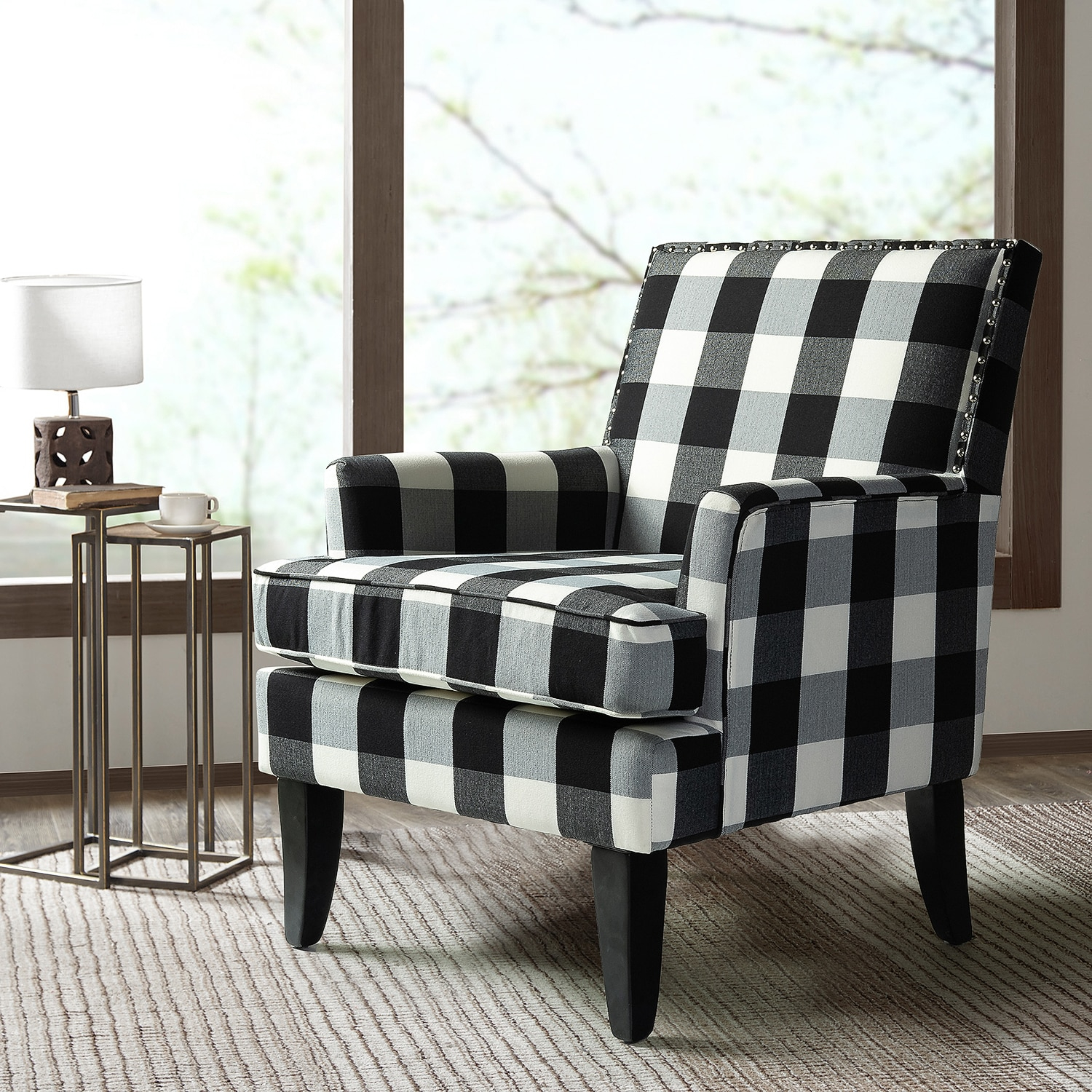 Upholstery Armchair Accent Chair Sofa Couch Wood Legs Nailhead Trim Home Living Room Bedroom Plaid White Black