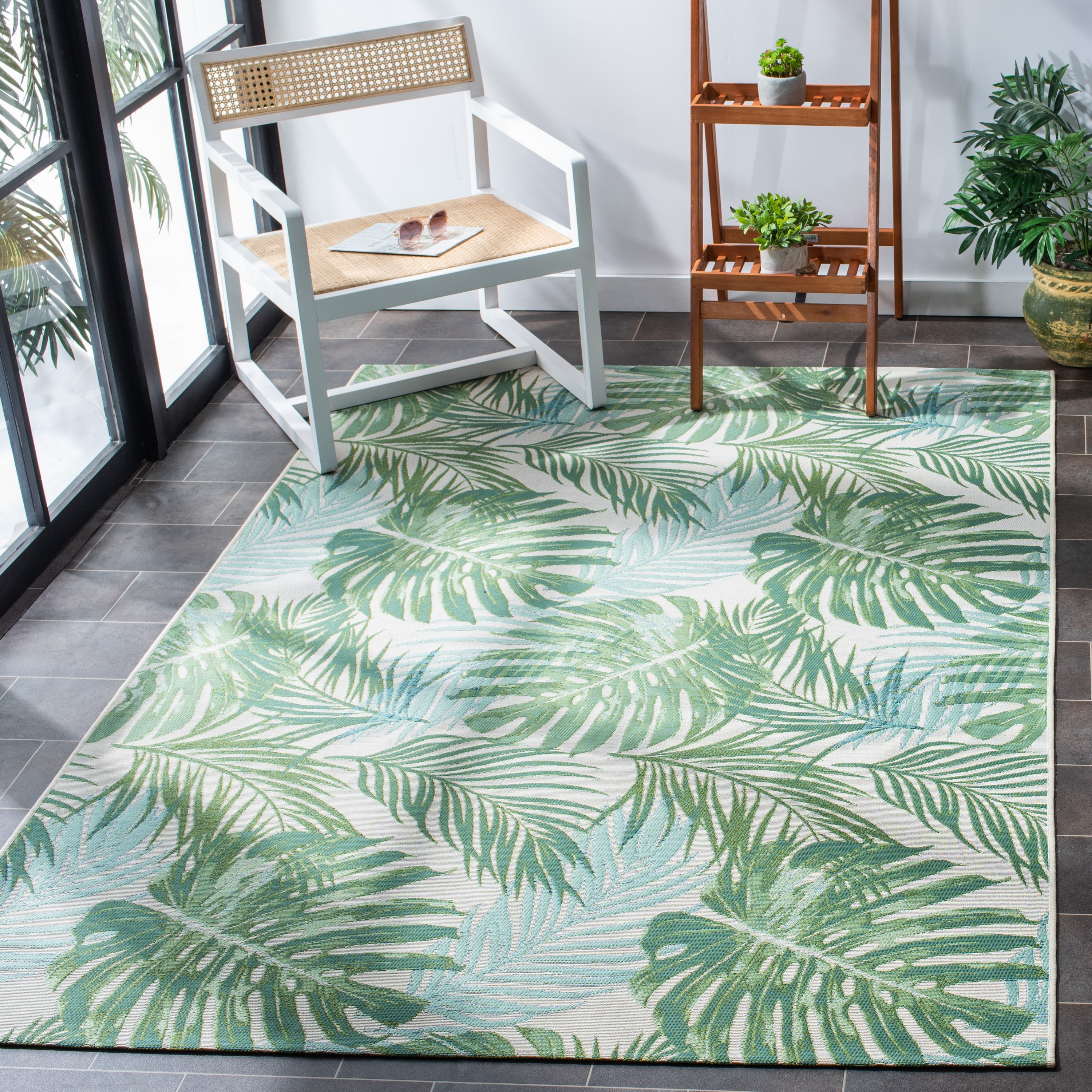 Barbados Green and Teal Tropical Botanical Square Indoor/Outdoor Rug