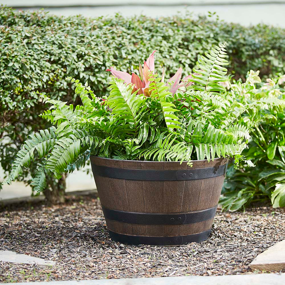 22.5" Brown Resin Whiskey Barrel Outdoor Planter with Wheels