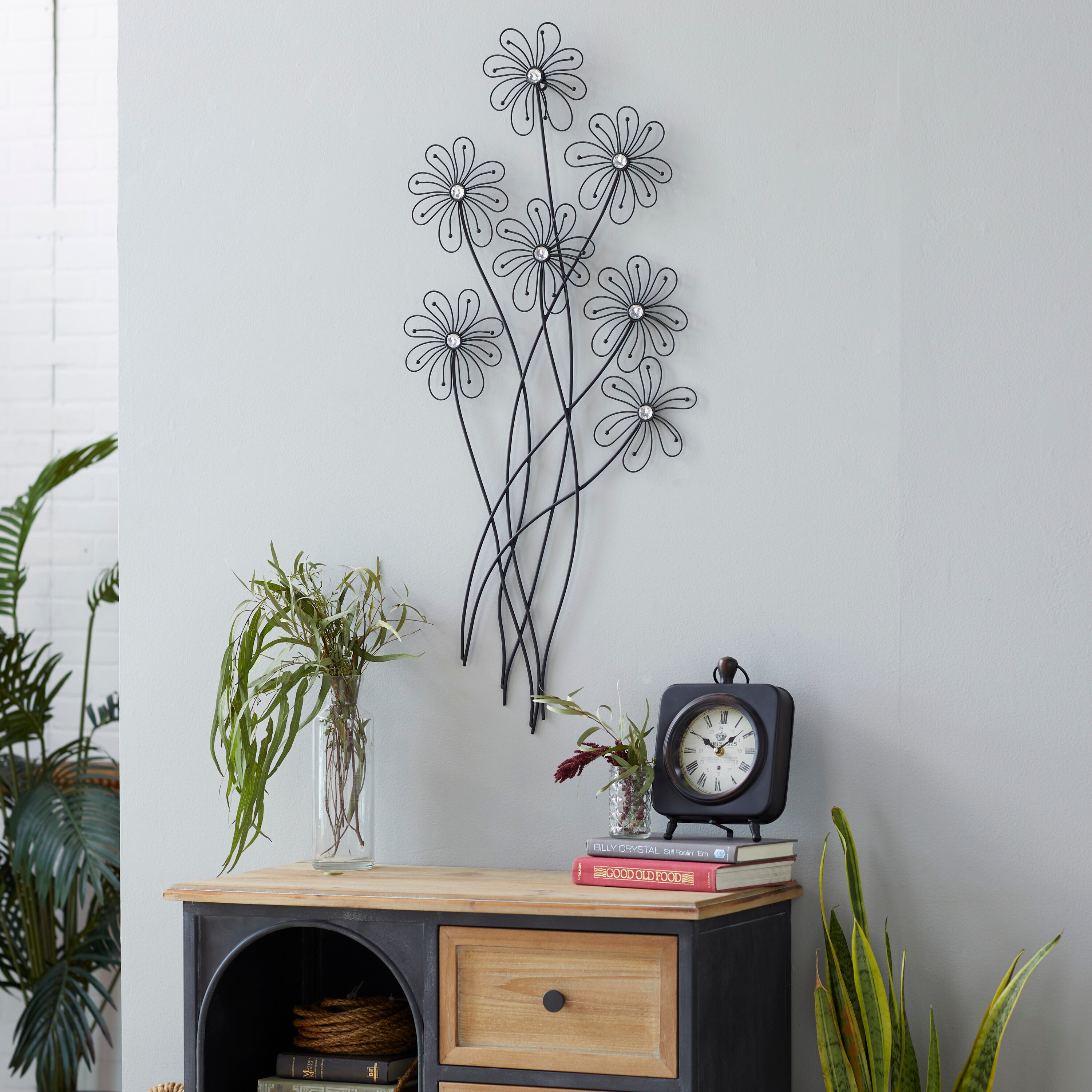 DecMode Black Metal 3D Wire Floral Wall Decor with Crystal Embellishments