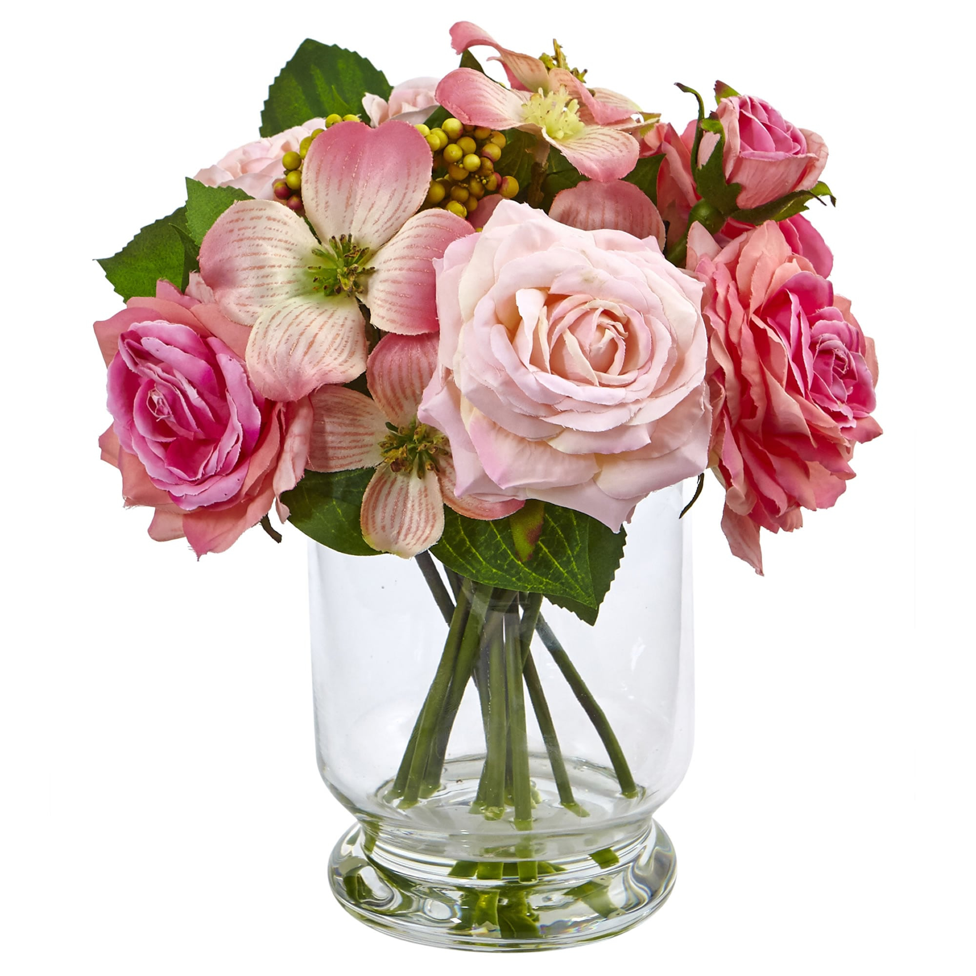 Nearly Natural 10in. Pink Rose and Berry Artificial Flower Arrangement