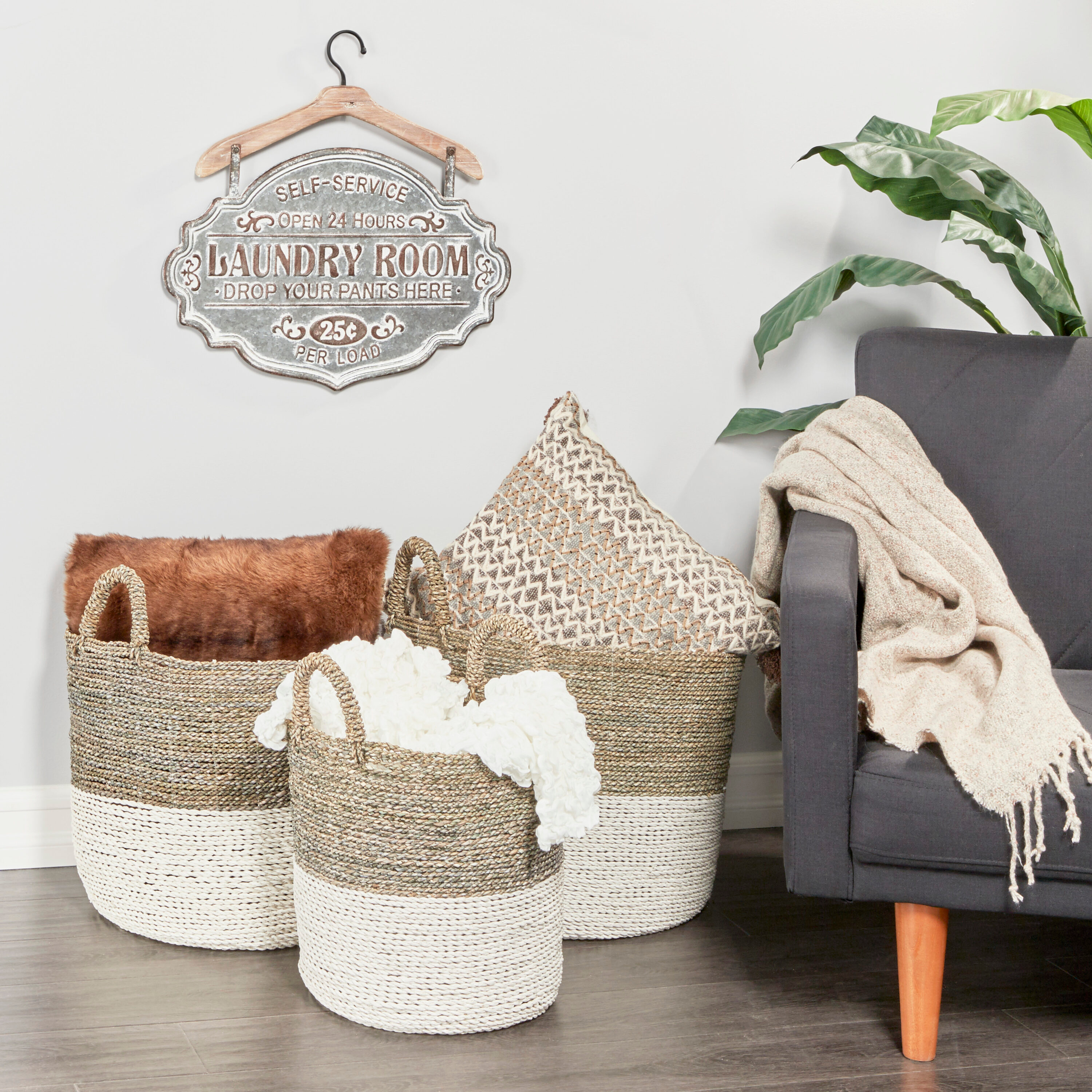 DecMode 17", 16", 14" White Sea Grass Contemporary Storage Basket, 3 - Pieces